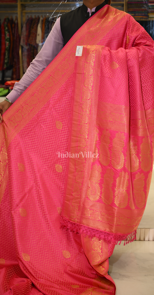 Rani Pink Pure Satin Kanjivaram Silk Saree with Brocade Work