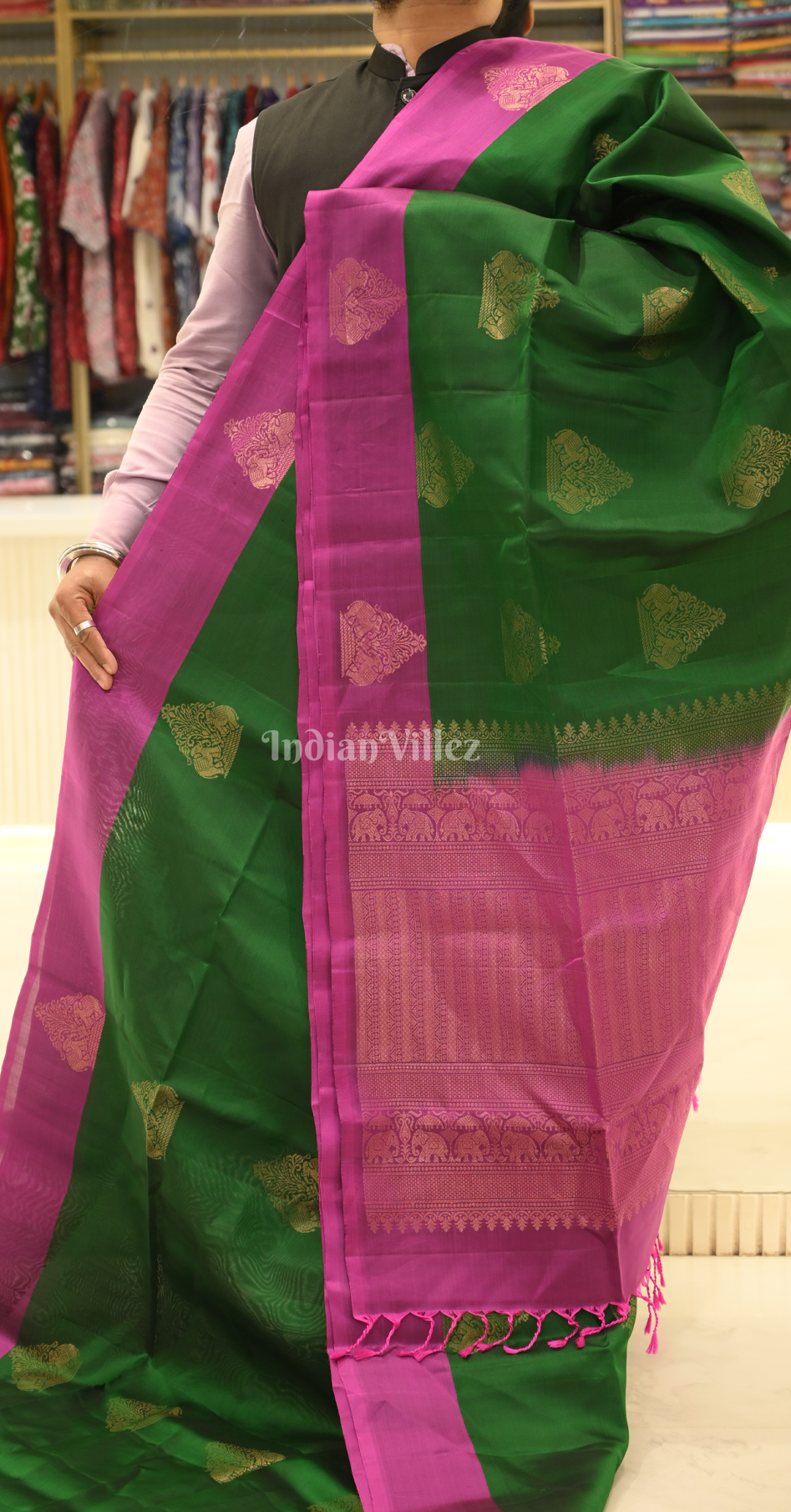Green Pink Zari Pure Kanjivaram Soft Silk Saree
