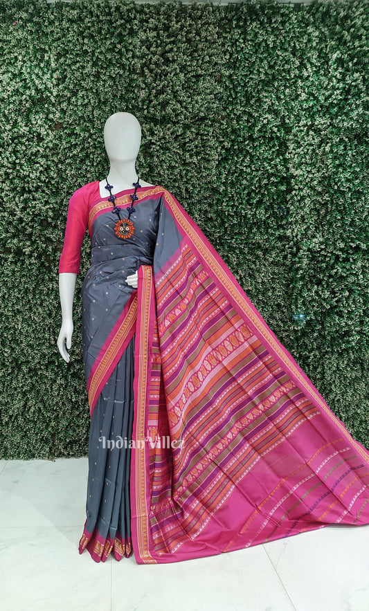 Grey Pink Buti Design Odisha Ikat Contemporary Silk Saree with Dongria Anchal
