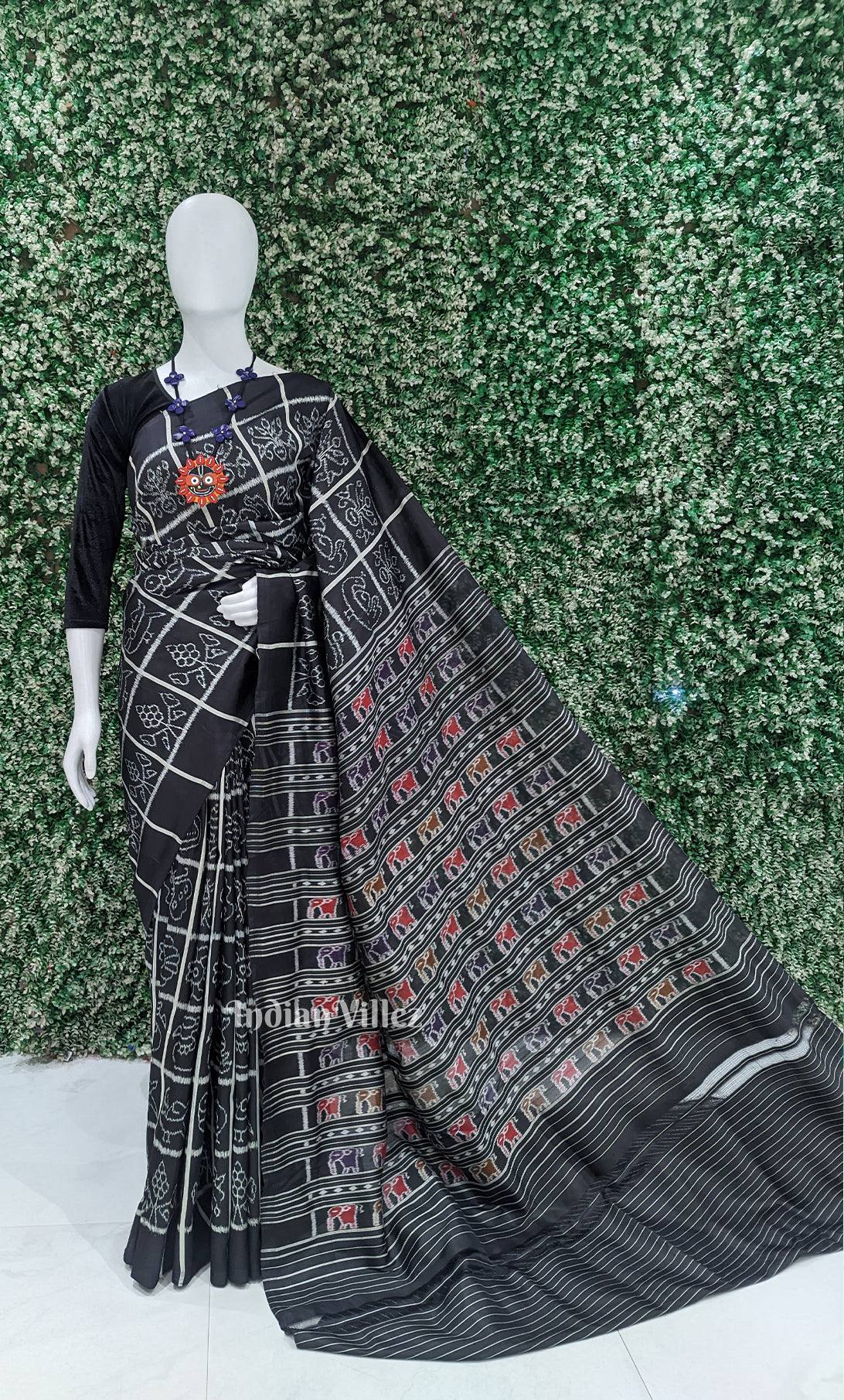 Black Nabakothi Contemporary Designer Silk Saree with Elephant Anchal