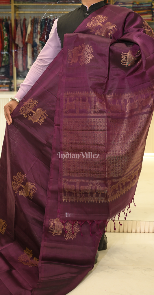 Purple Wine Floral Pure Kanjivaram Soft Silk Saree