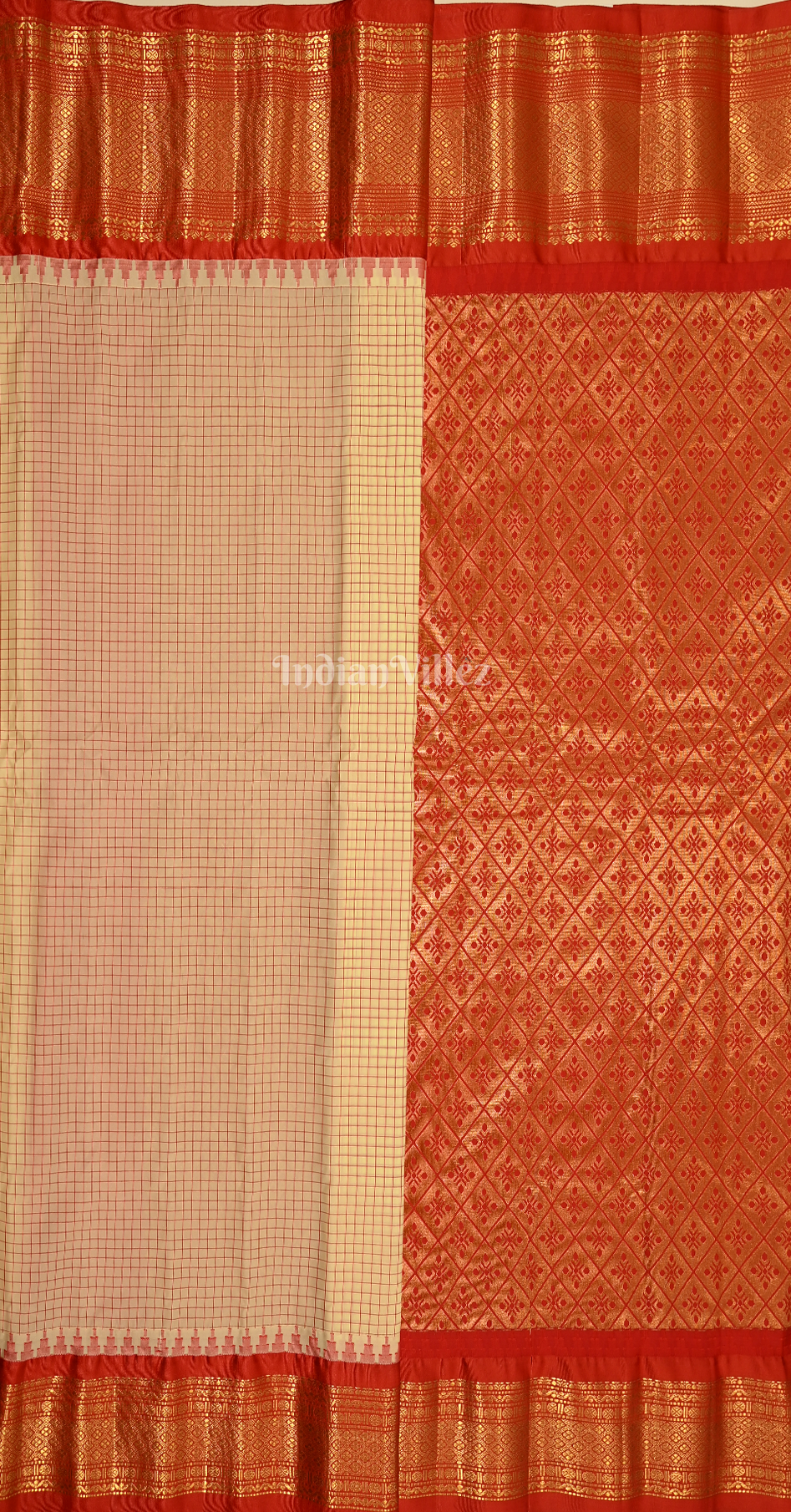 Cream Red Check Pure Gadwal Silk Saree 