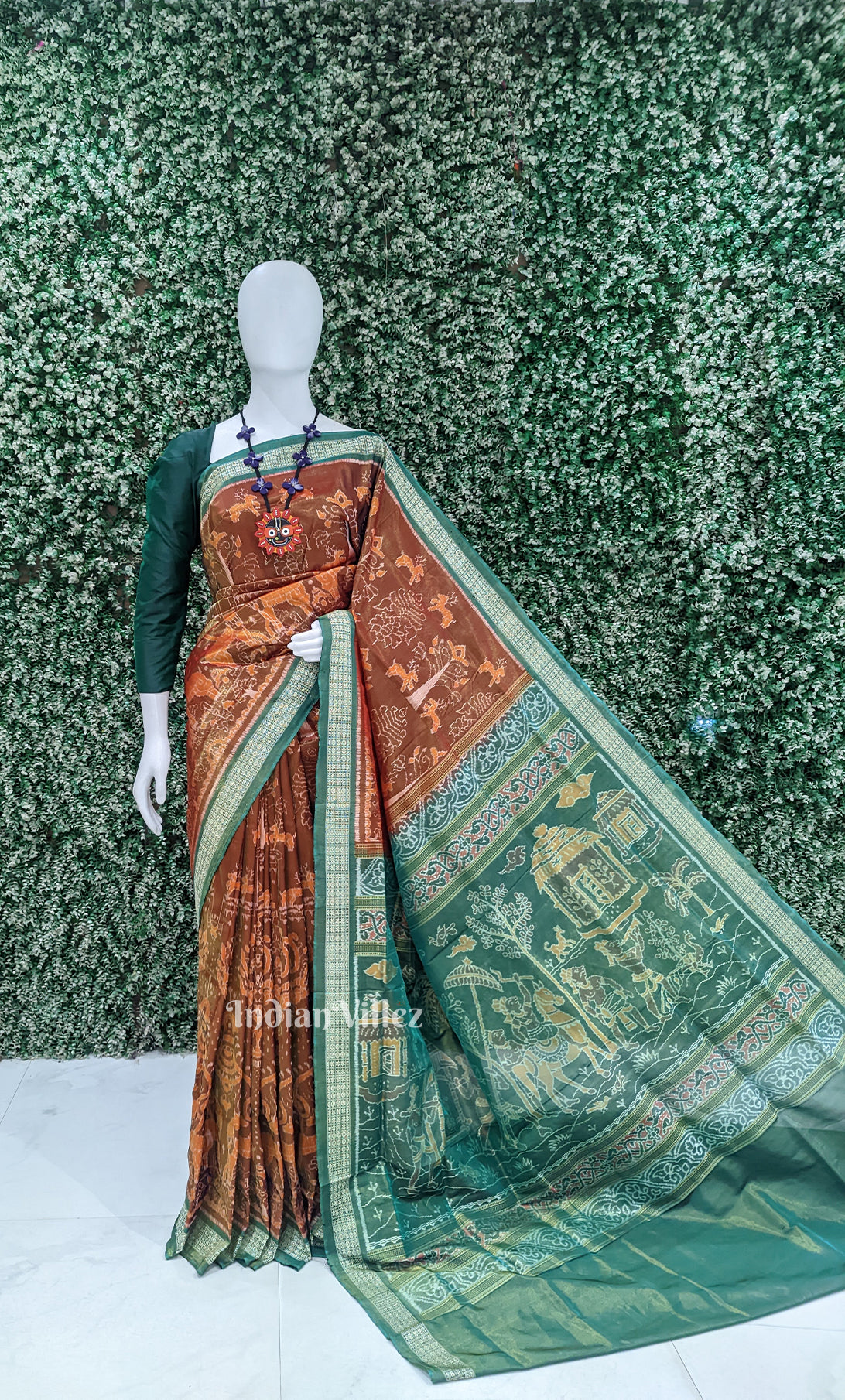 Maroon Green Tribal Diwali Theme Sambalpuri Tissue Silk Saree