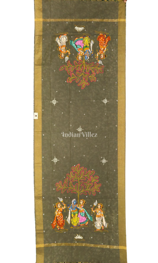 Grey Radha Krishna Raas Leela Theme Hand-Painted Pattachitra Chanderi Dupatta 