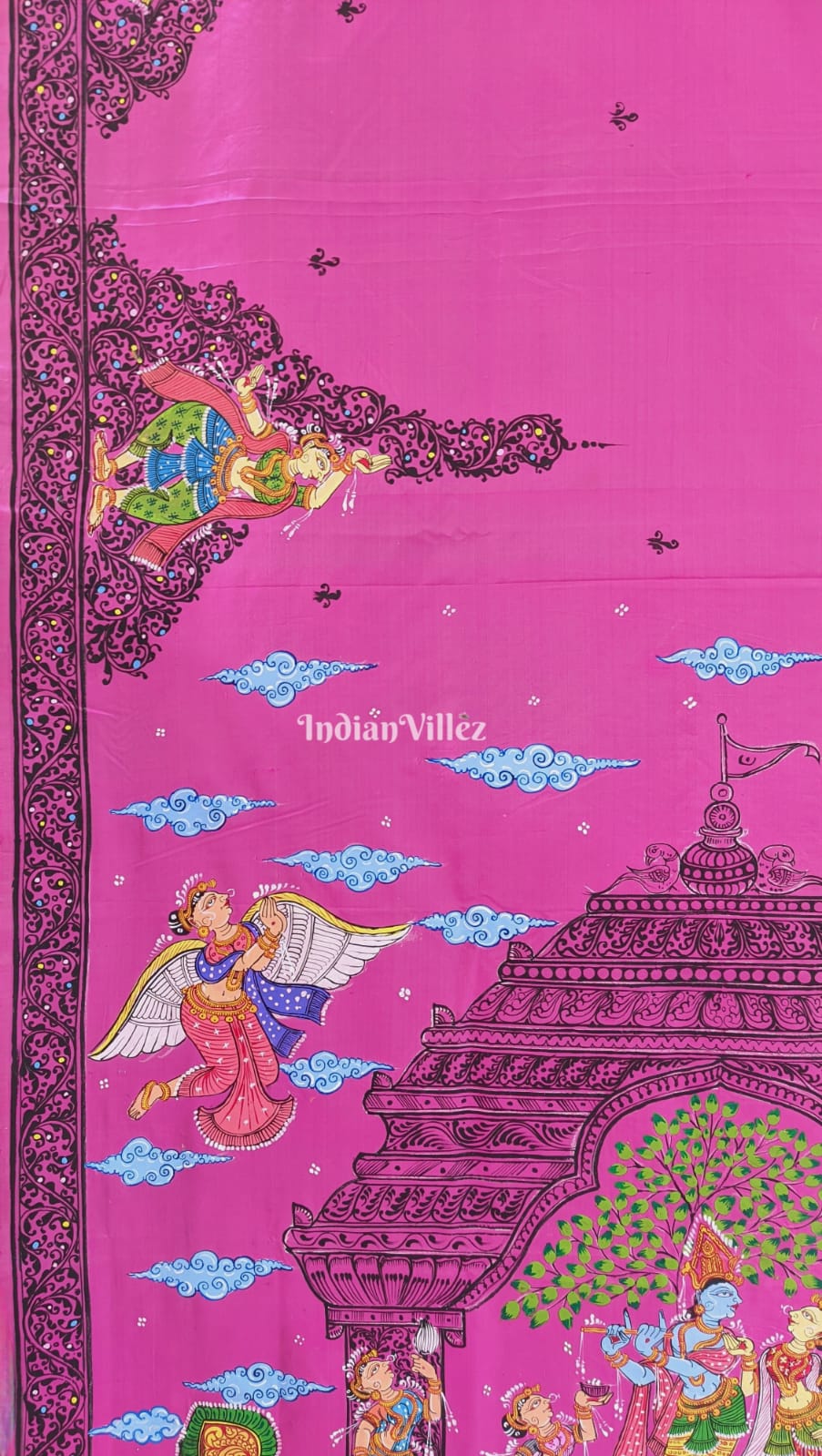 Royal Pink Radha Krisha Pattachitra Art on Pure Silk Saree