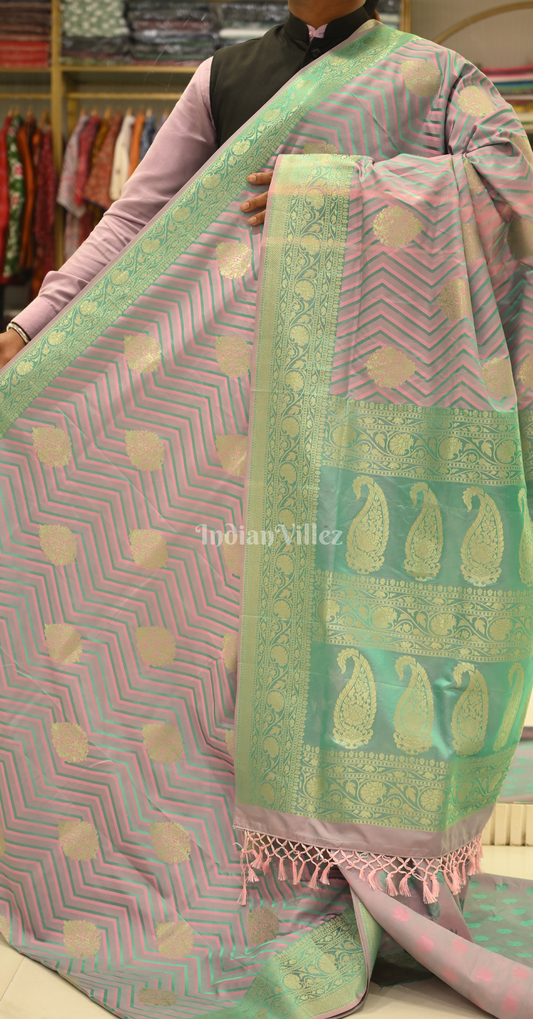 Pink Turquoise Two Tone Leheriya Banarasi Satin Silk Saree