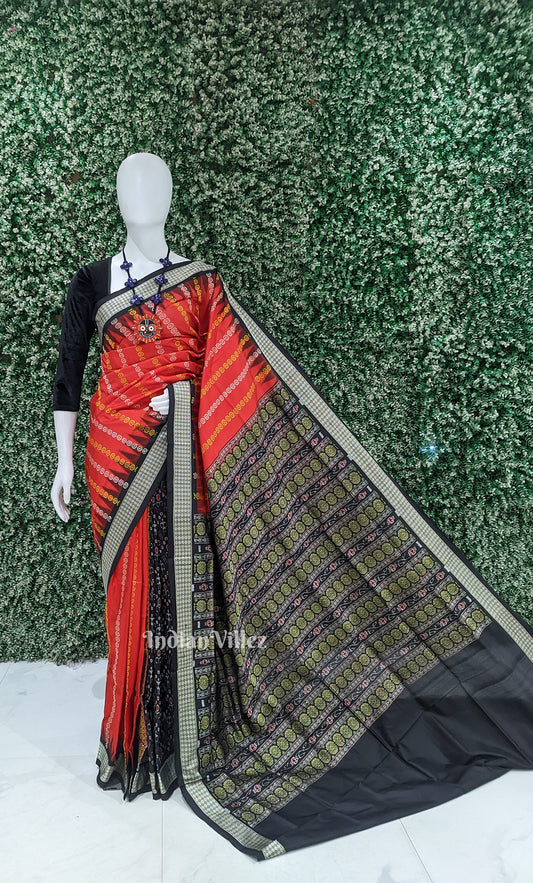 Red Black Buti Design Bomkai Sambalpuri Silk Saree