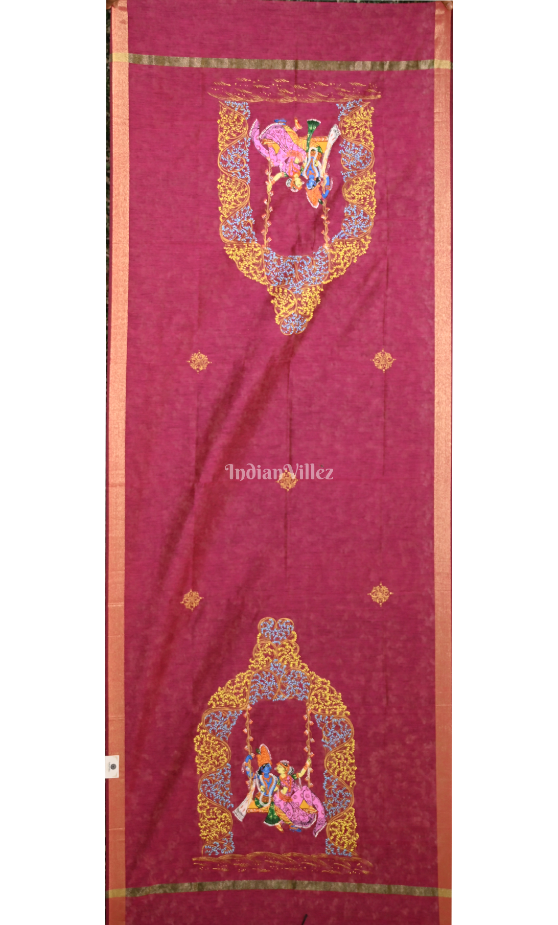 Wine Radha Krishna Doli Theme Hand-Painted Pattachitra Chanderi Dupatta 