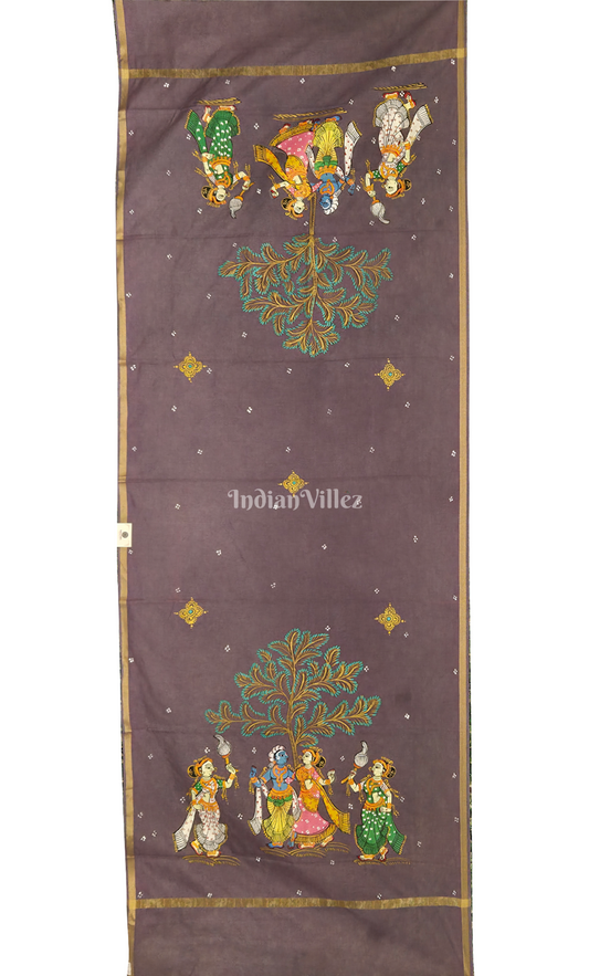 Lavender Krishna Raas Leela Hand-Painted Pattachitra Chanderi Dupatta 