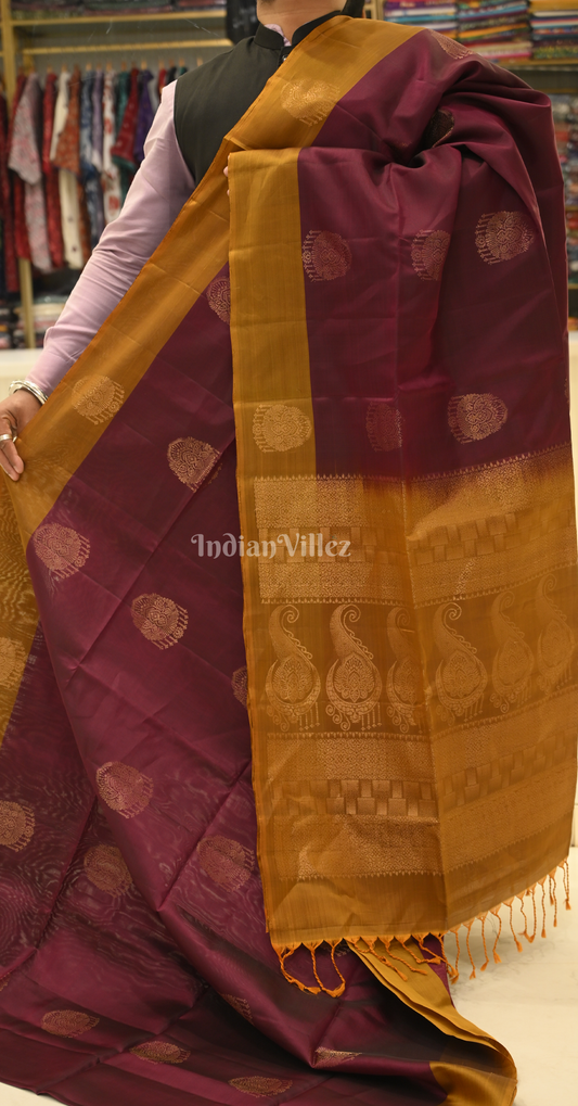 Wine Mustard Yellow Zari Pure Kanjivaram Soft Silk Saree