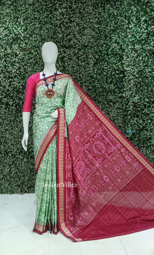 Lime Green Rani Pink Odisha Ikat Sambalpuri Silk Saree
