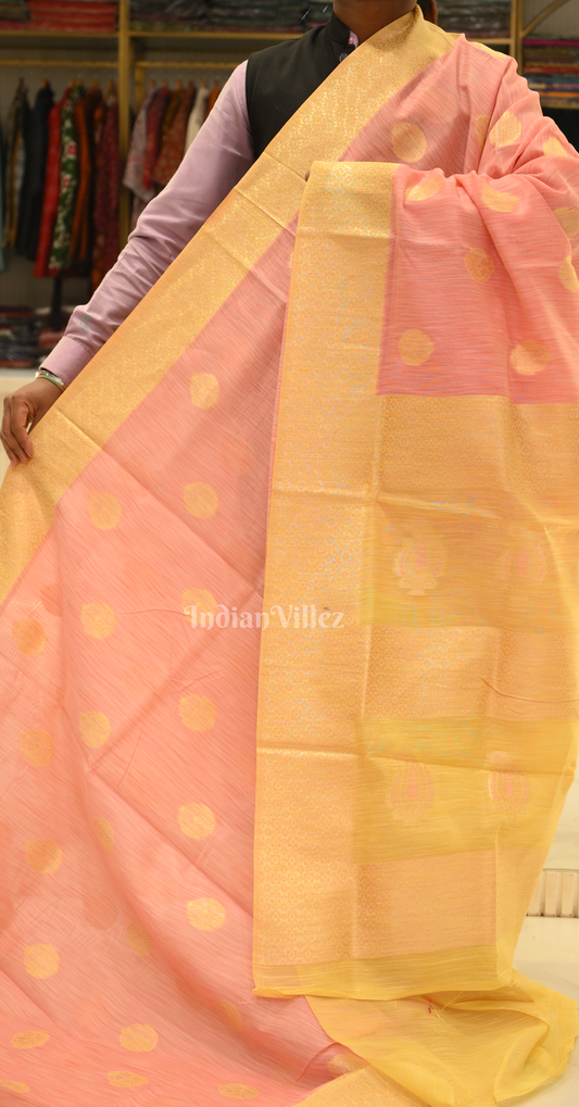 Peach  Yellow Pure Multicoloured Linen Banarasi Saree