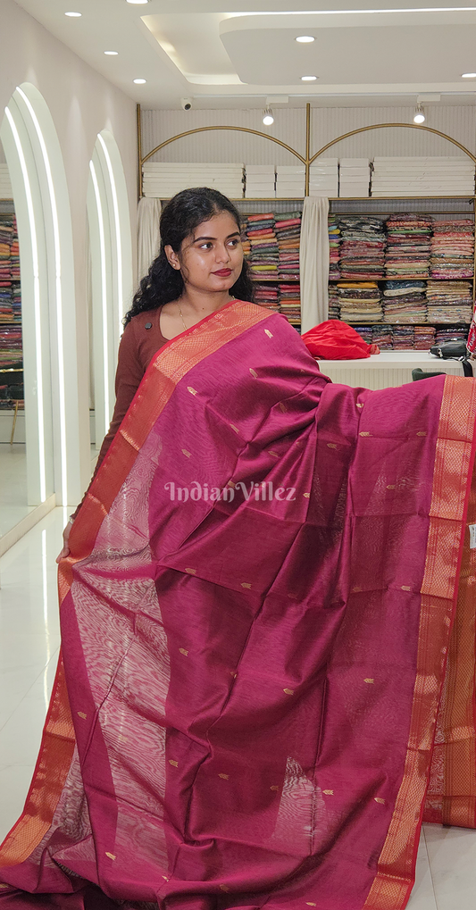 Magenta Pink Red Butta Design Silk Cotton Maheshwari Saree with Zari Border