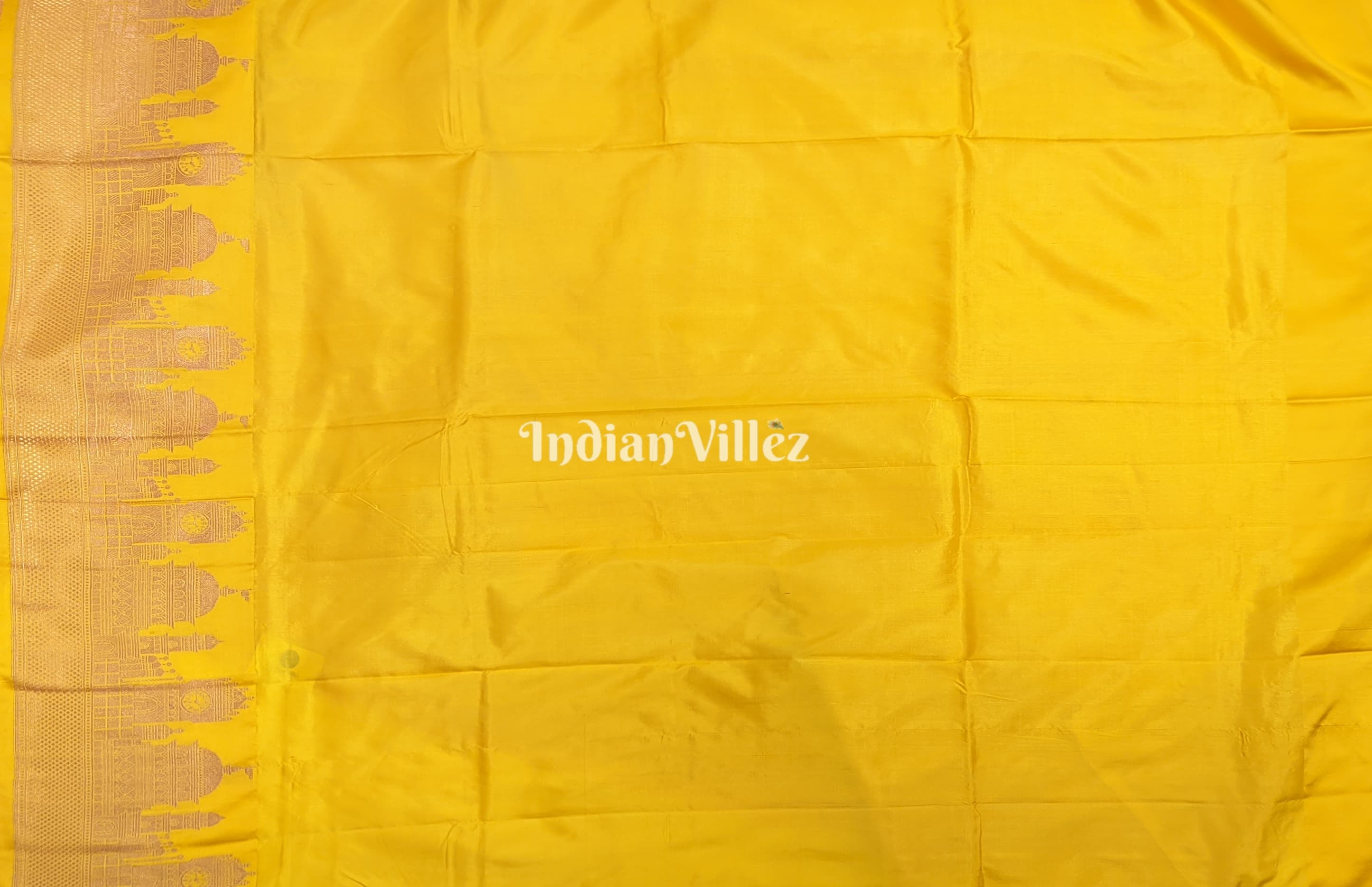 Yellow Banarasi Katan Silk Saree Inspired by Big Ben, London & United States Capitol, Washington DC