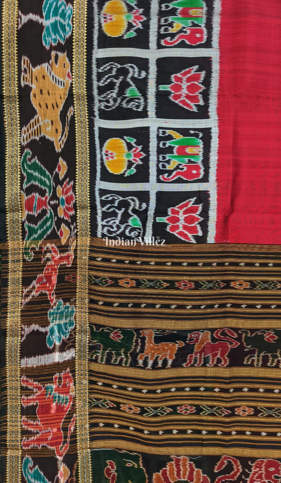 Maroon Black Nabakothi Khandua Pata Silk Saree with Animal Border
