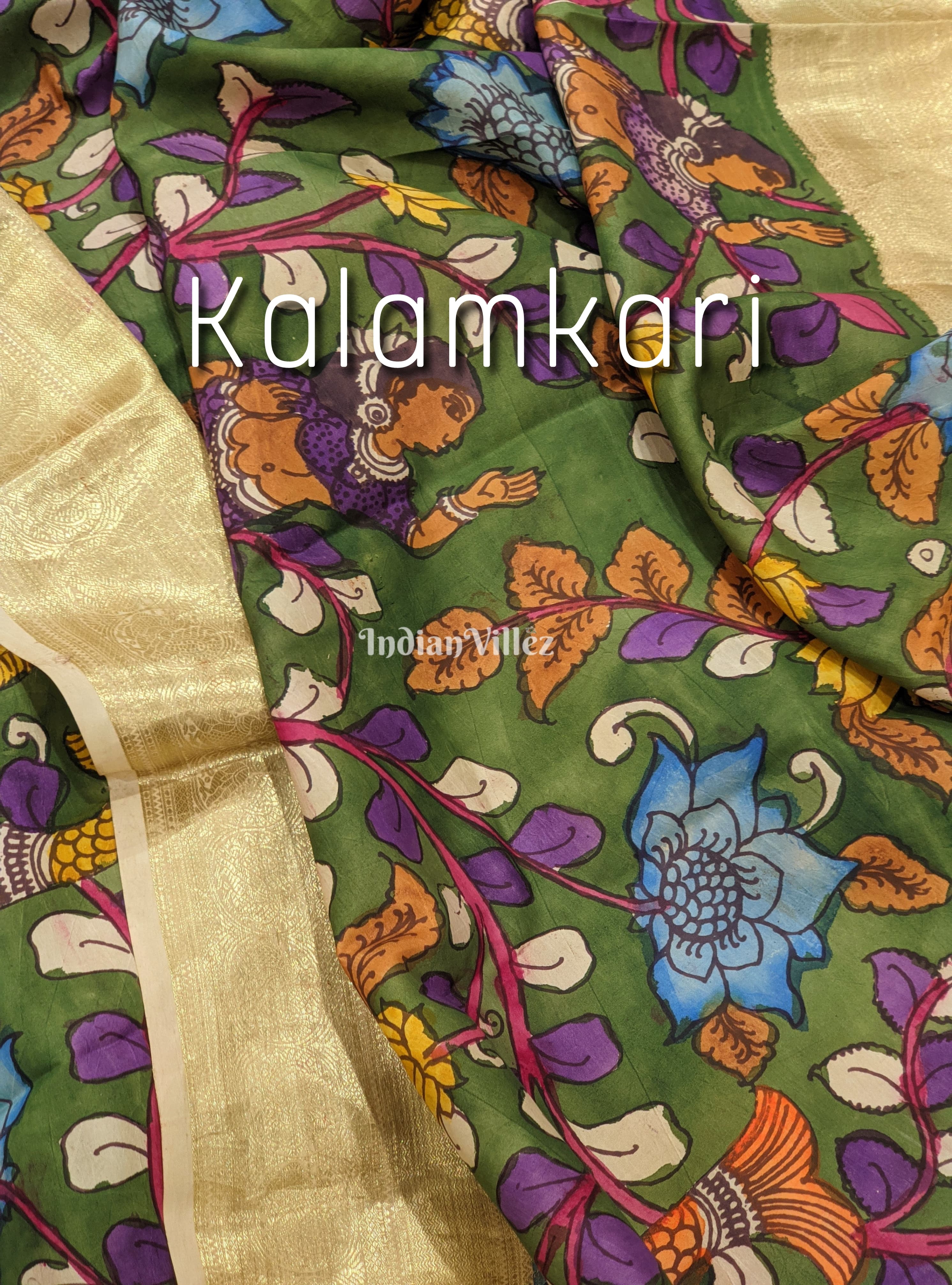 Multicolour Hand Painted Kanjivaram Silk Kalamkari Saree