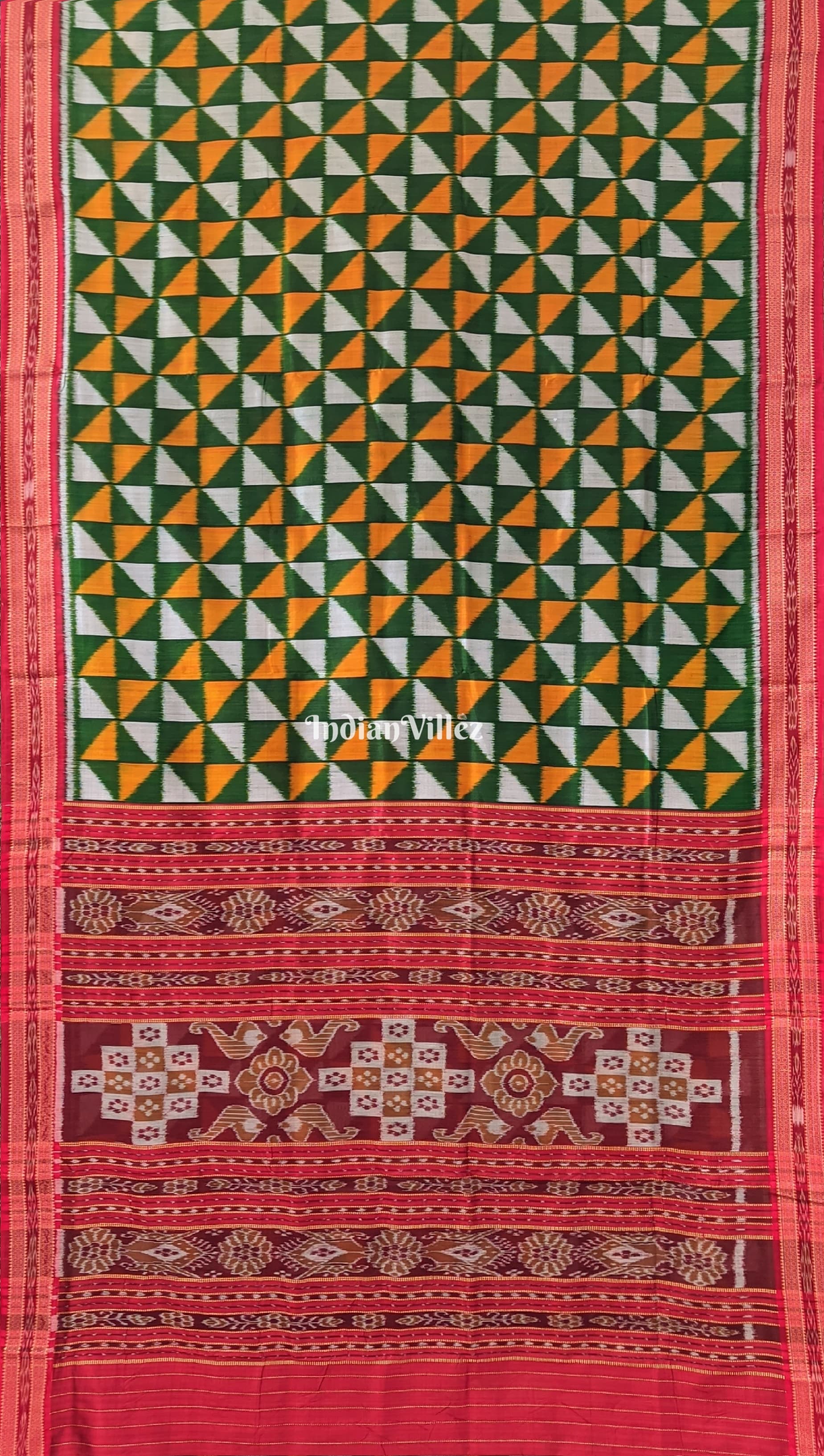 Green Yellow White Odisha Ikat Khandua Silk Saree