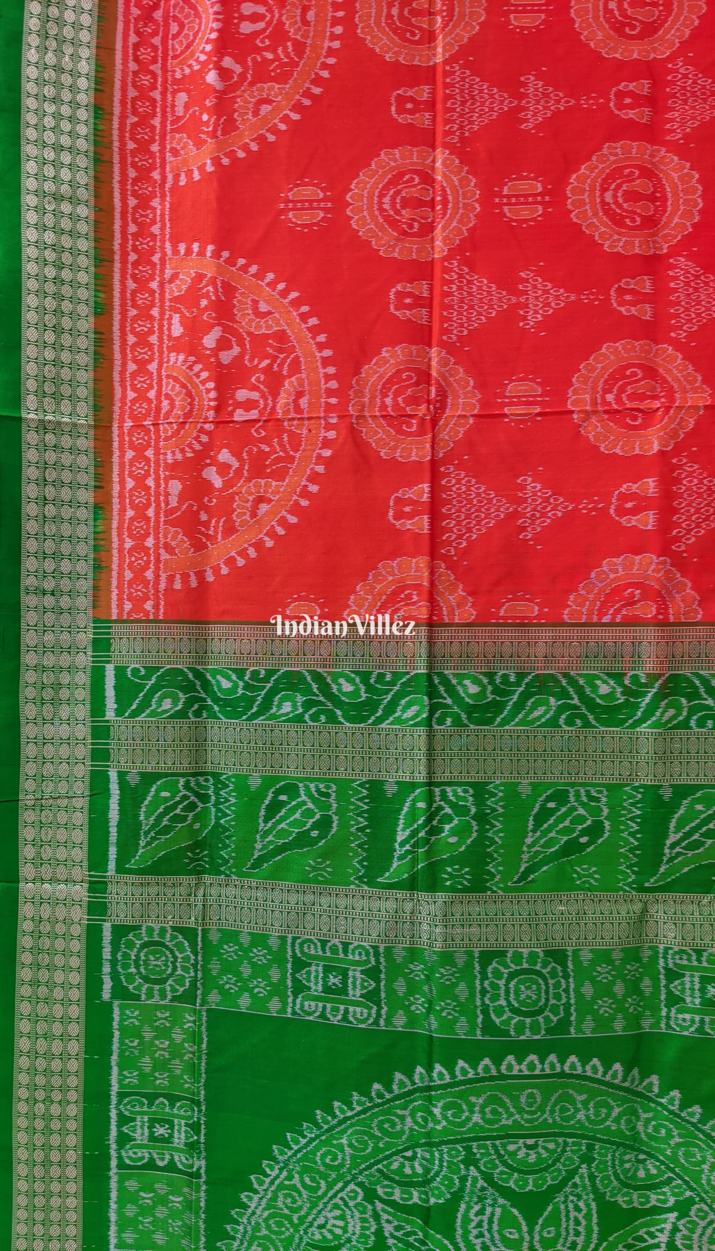 Orange Green Laxmi Pada Jhoti Design Sambalpuri Ikat Bomkai Silk Saree
