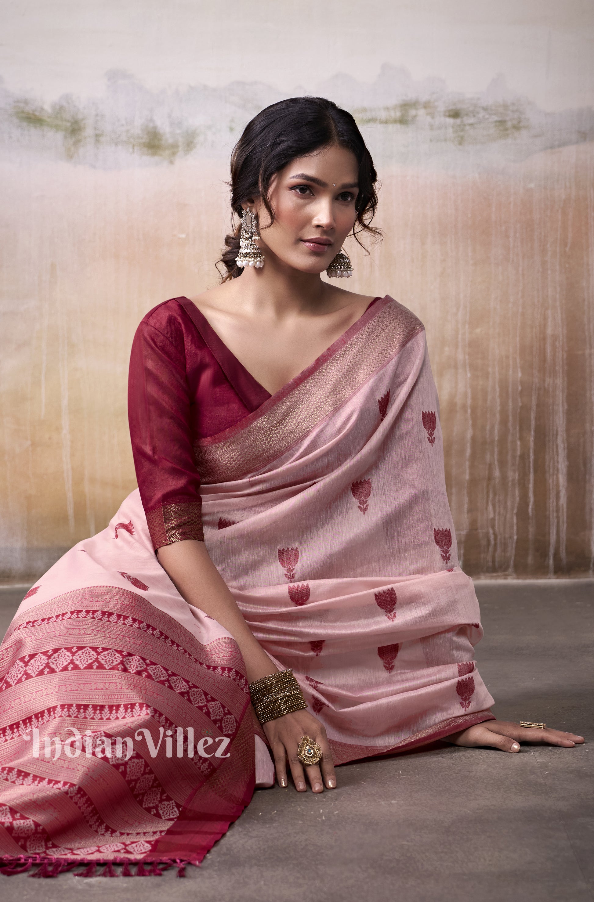 Peach Pink Cotton Woven Saree with Rose Red Pallu