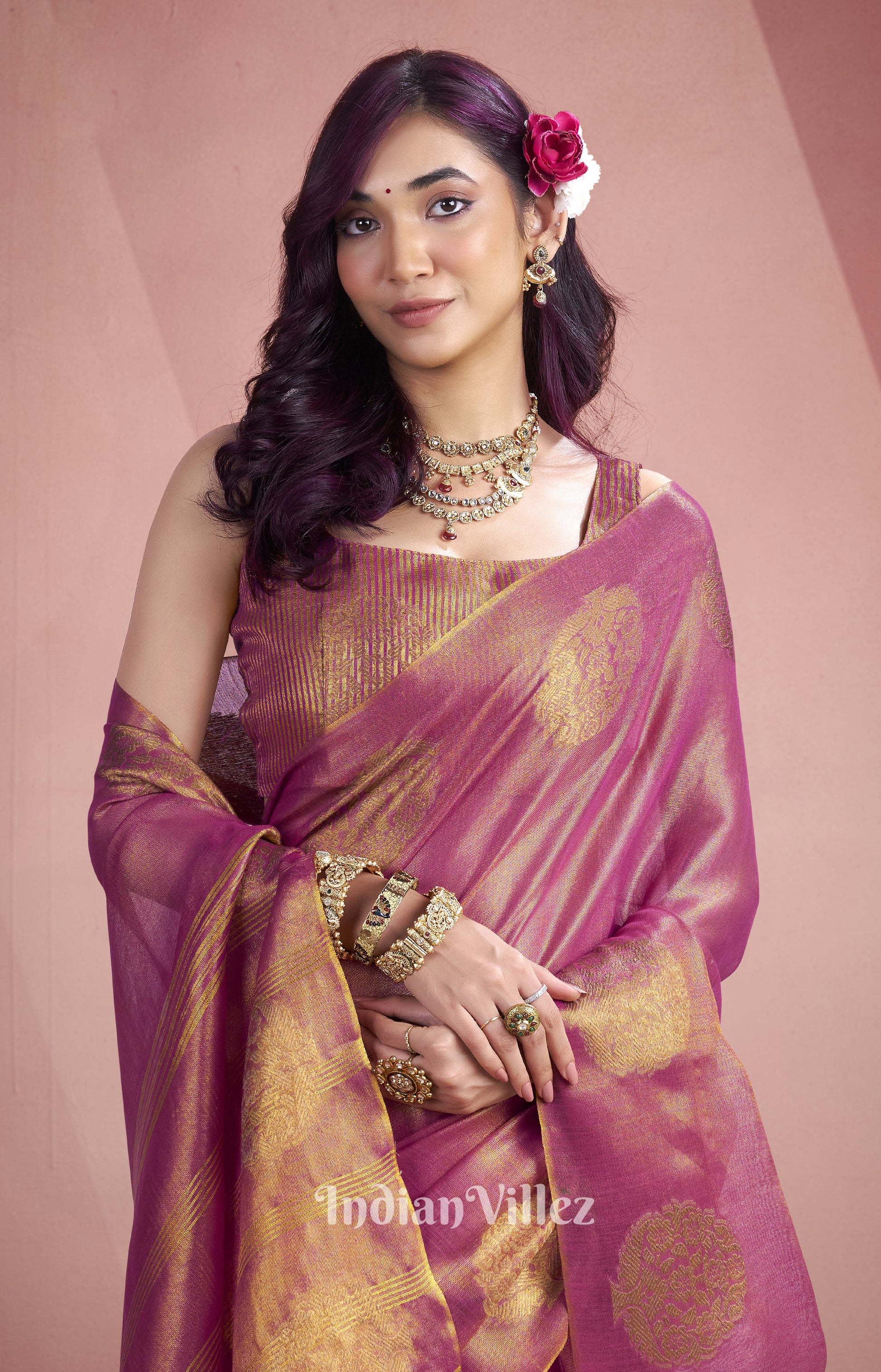 Rani Pink Tissue Silk  Zari Woven Saree 