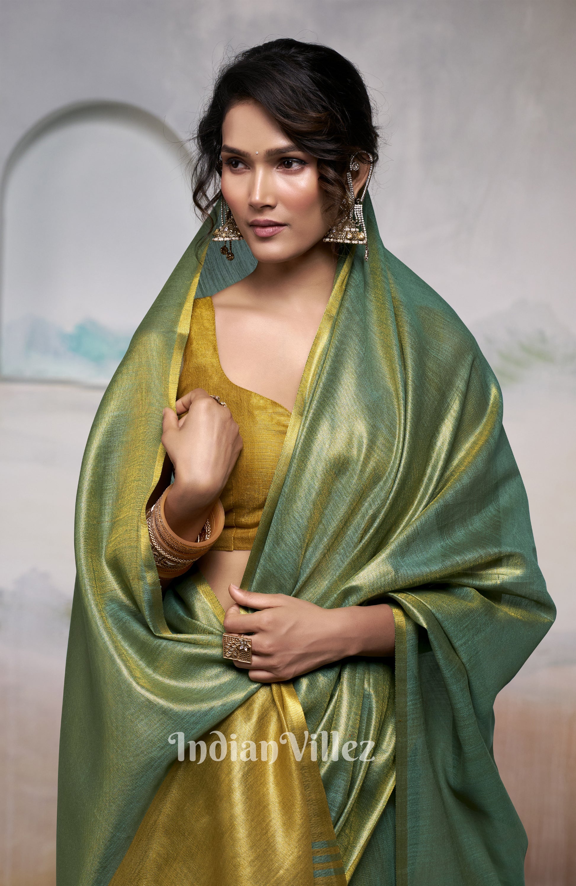 Green Tissue Silk Woven Plain Saree