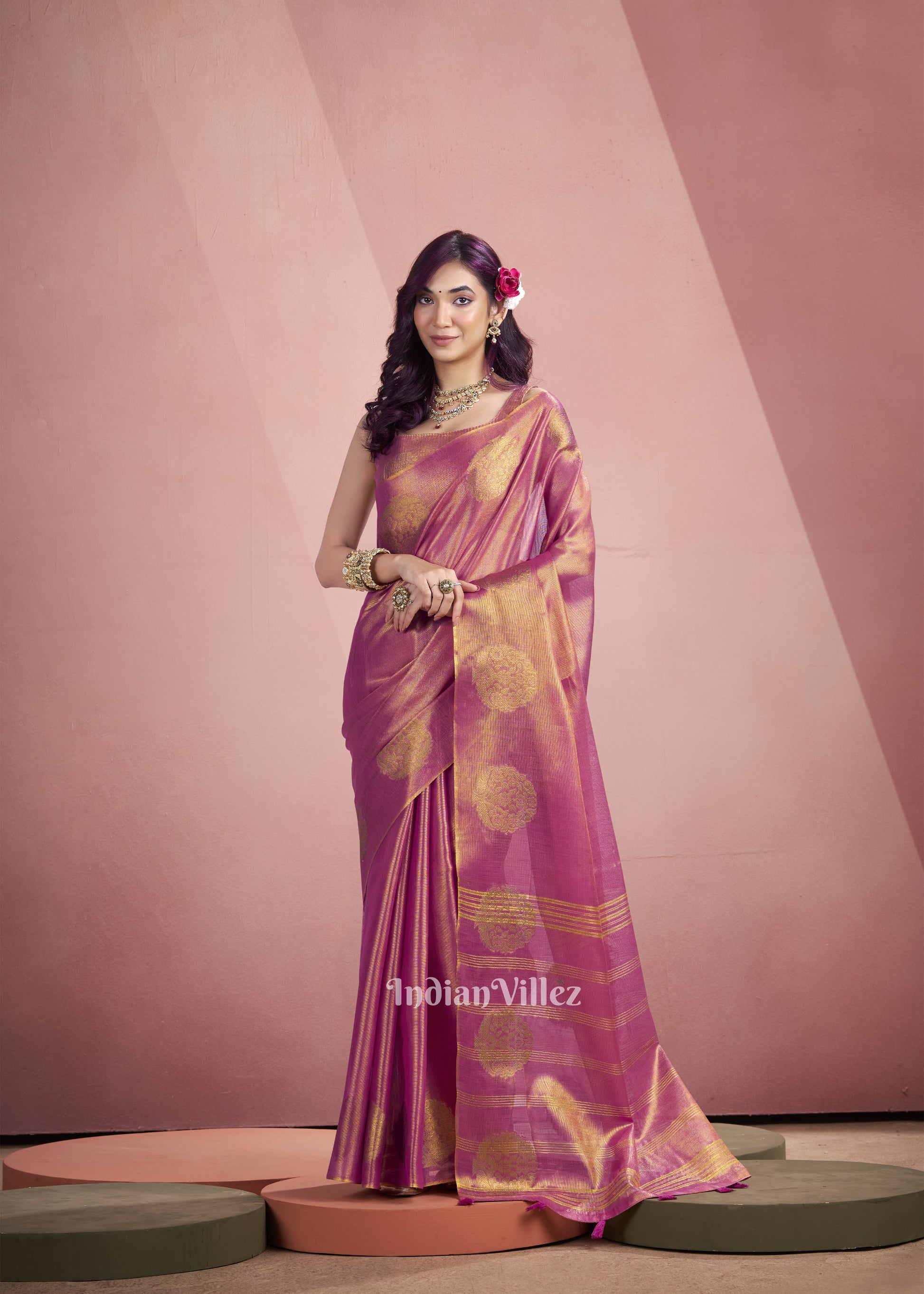 Rani Pink Tissue Silk  Zari Woven Saree 