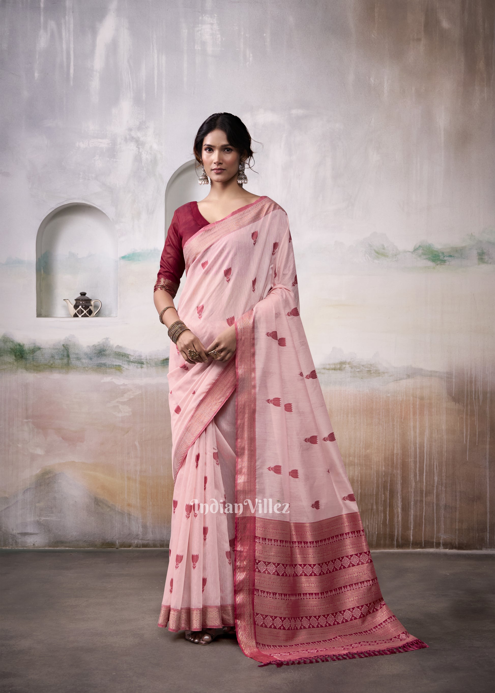 Peach Pink Cotton Woven Saree with Rose Red Pallu
