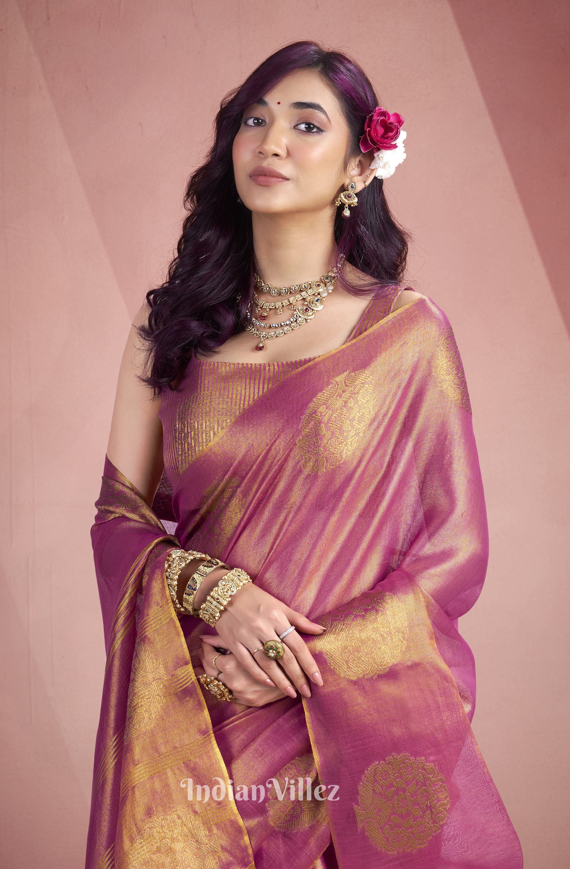 Rani Pink Tissue Silk  Zari Woven Saree 