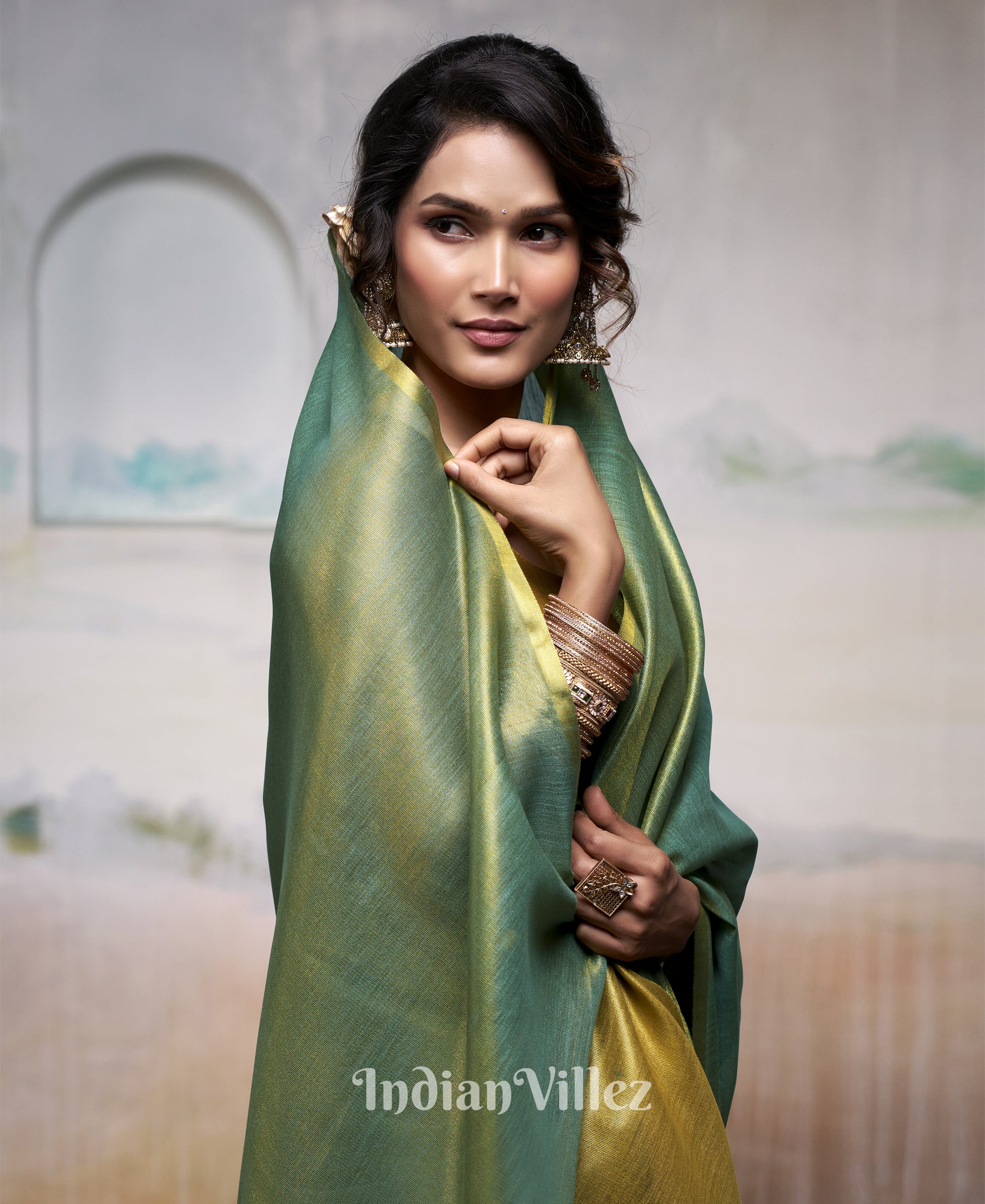 Green Tissue Silk Woven Plain Saree