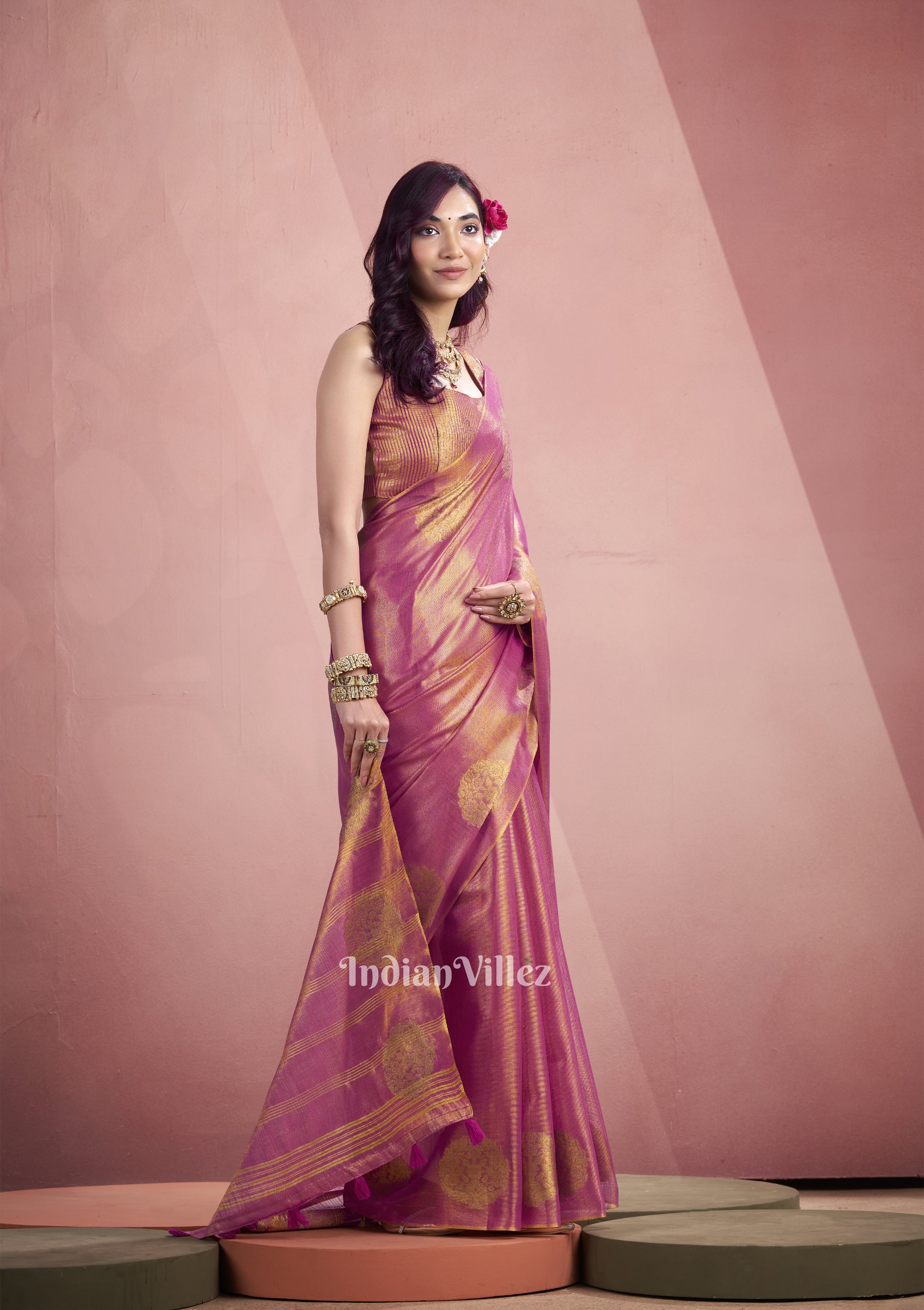 Rani Pink Tissue Silk  Zari Woven Saree 
