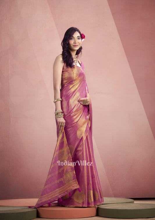 Rani Pink Tissue Silk  Zari Woven Saree 