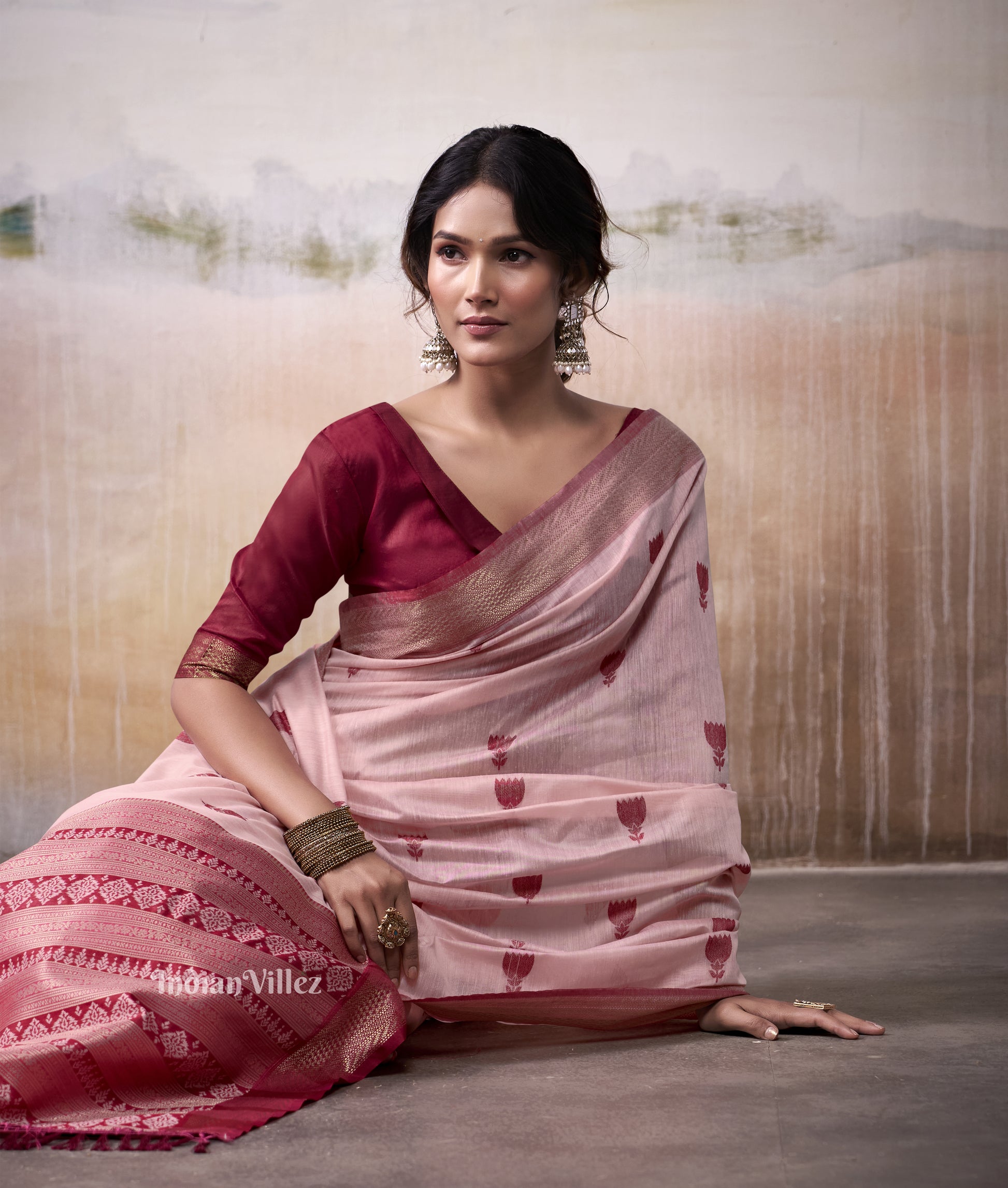 Peach Pink Cotton Woven Saree with Rose Red Pallu