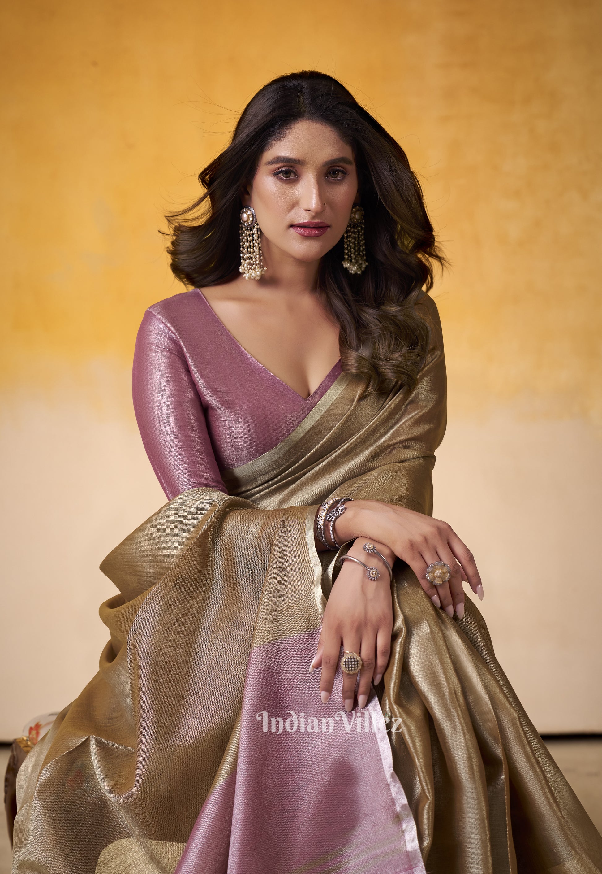 Golden Brown Banarasi Tissue Silk Saree 