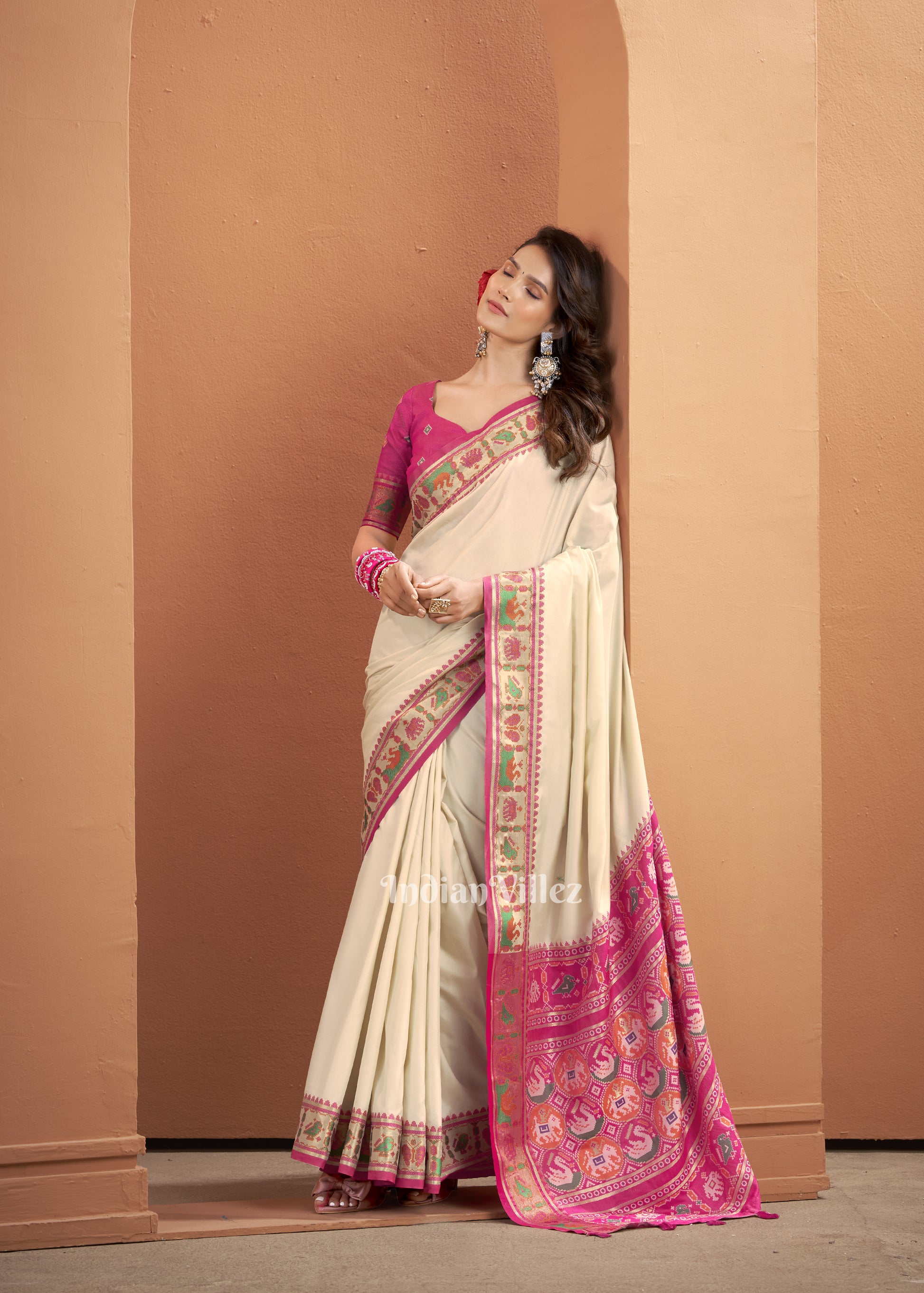 White Pink Woven Banarasi Patola Silk Saree 