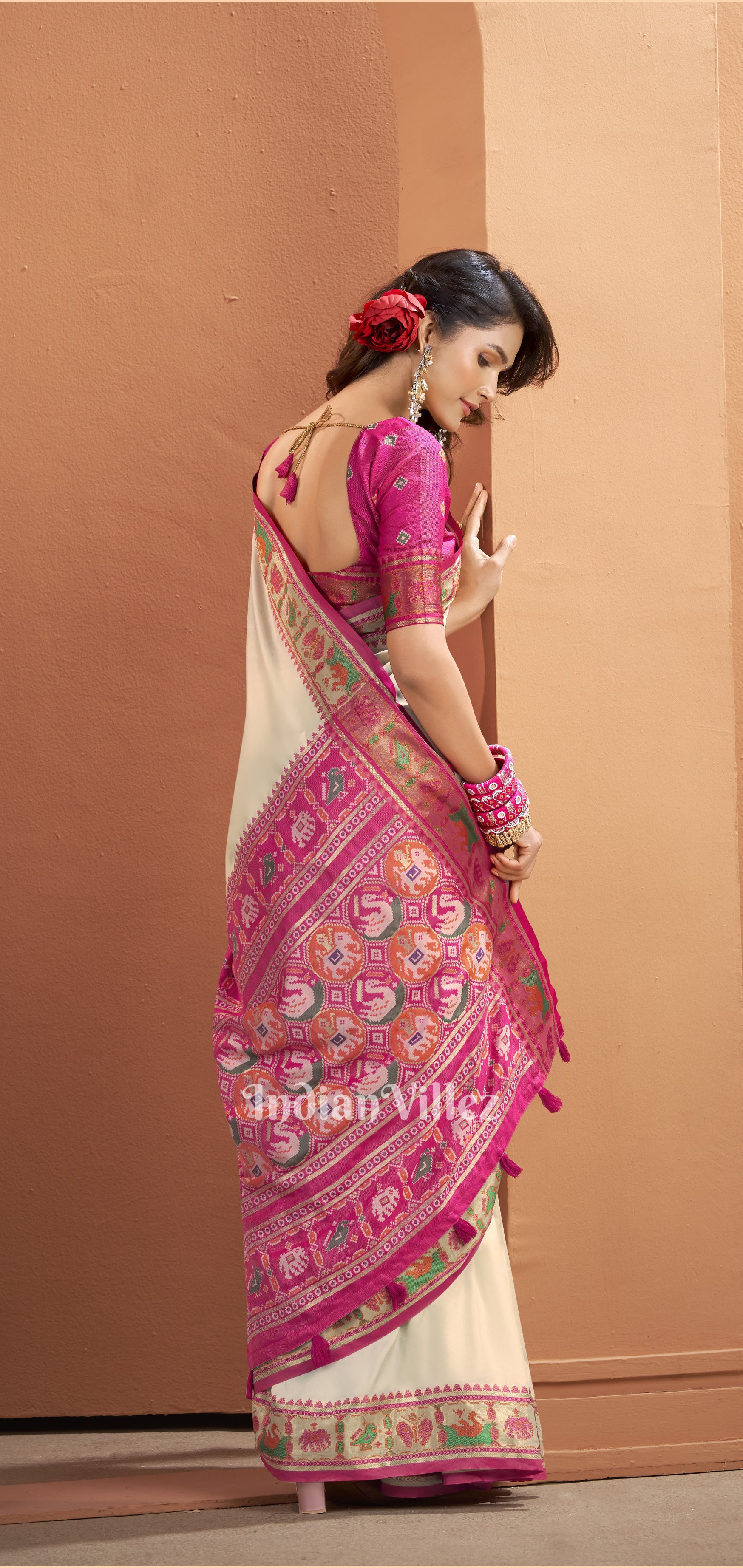 White Pink Woven Banarasi Patola Silk Saree 