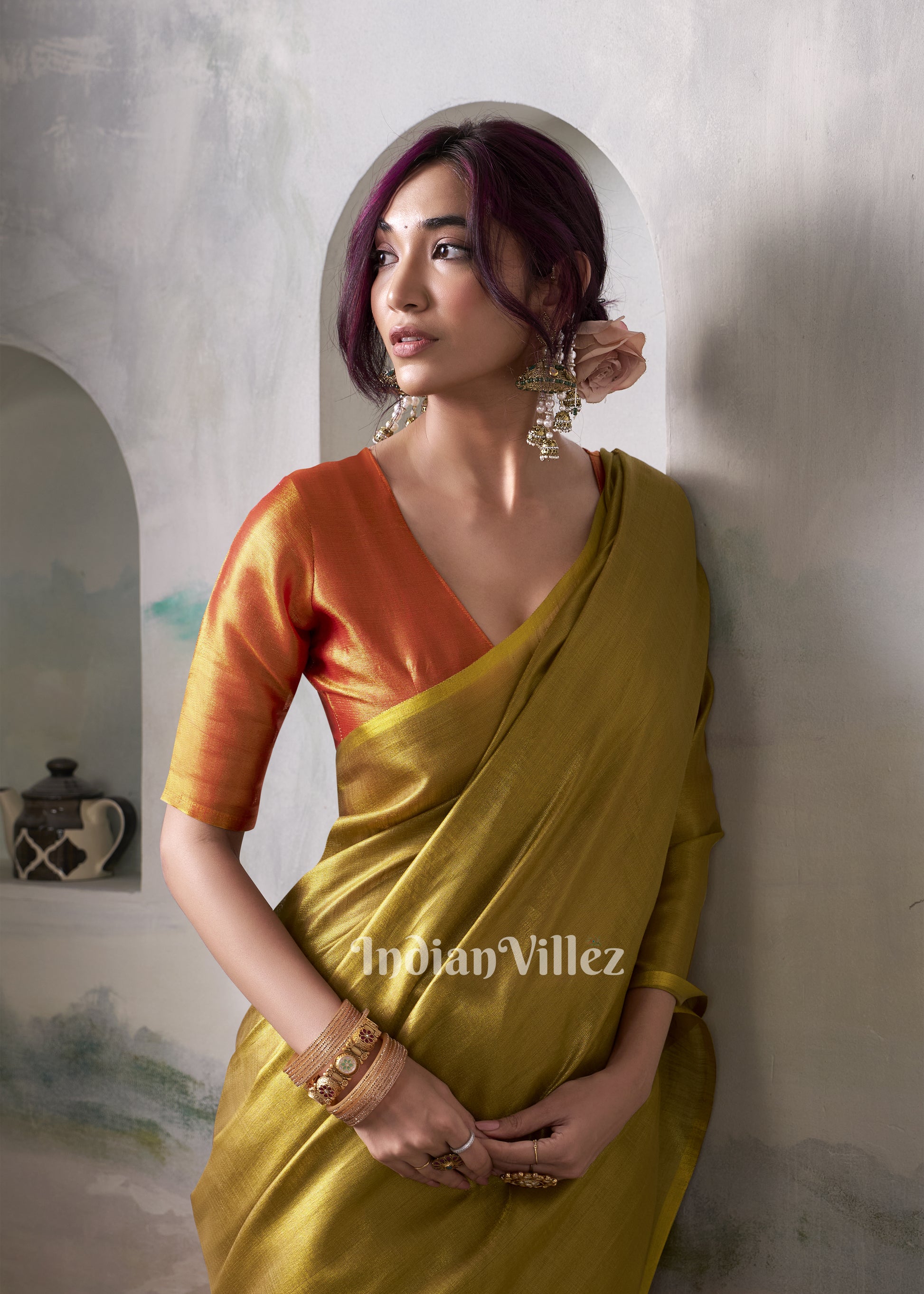 Mehendi Green Tissue Silk Woven Plain Saree