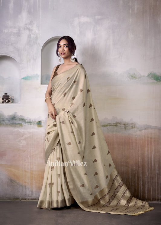 Cream Floral Cotton Woven Saree 