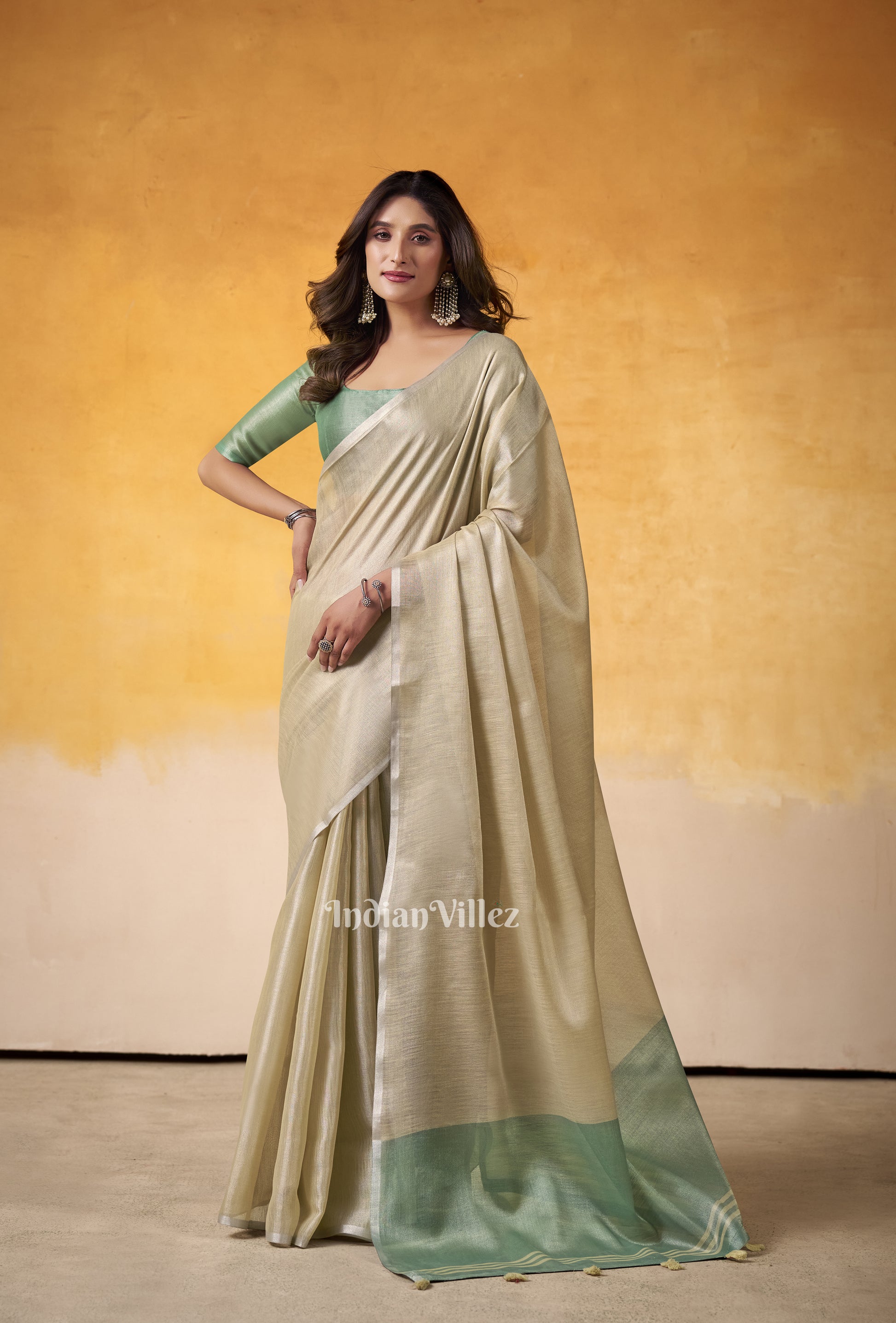 Beige Green Banarasi Tissue Silk Saree