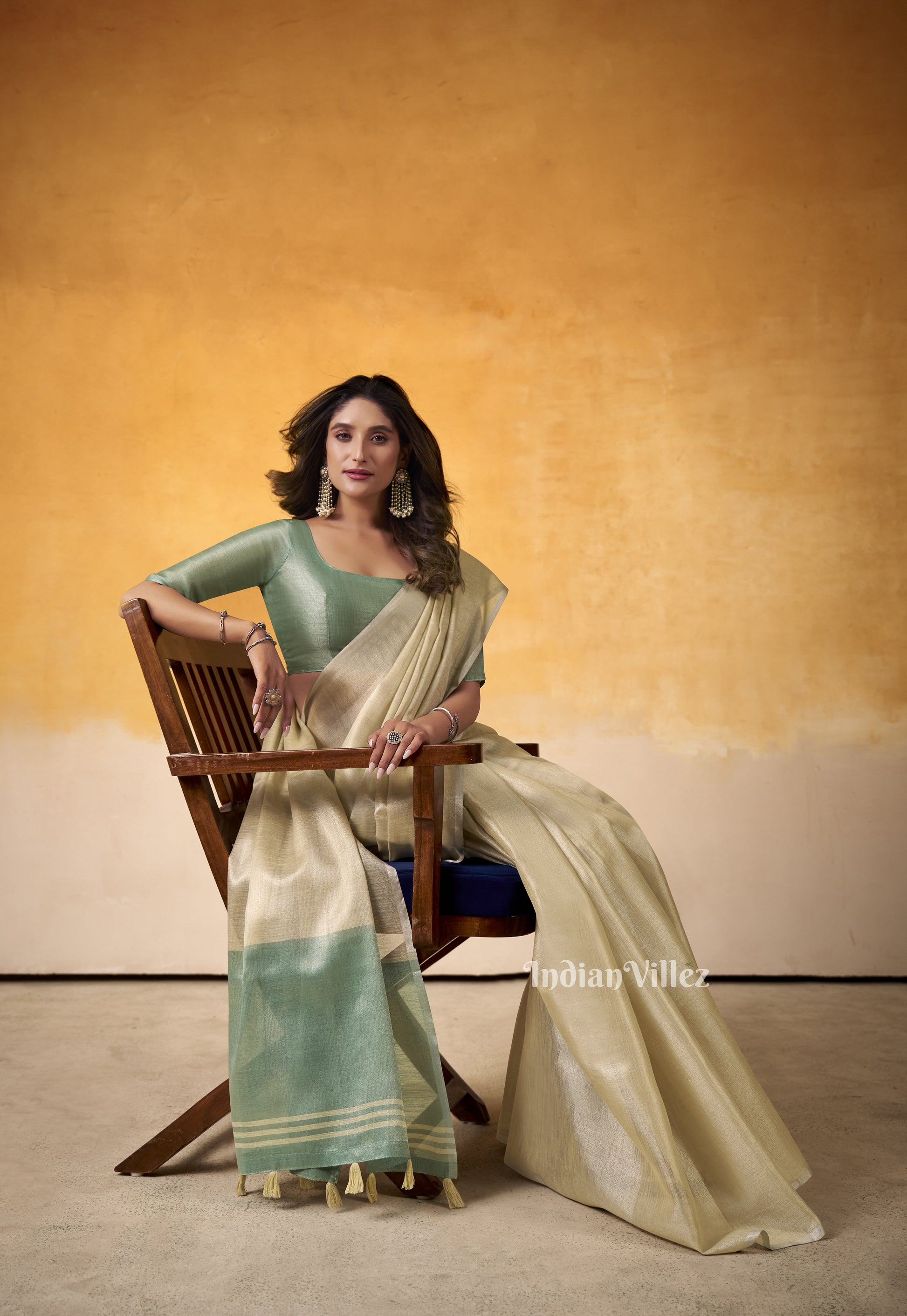 Beige Green Banarasi Tissue Silk Saree
