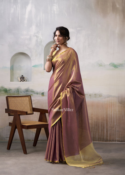 Golden Wine Silk Woven Plain Saree 
