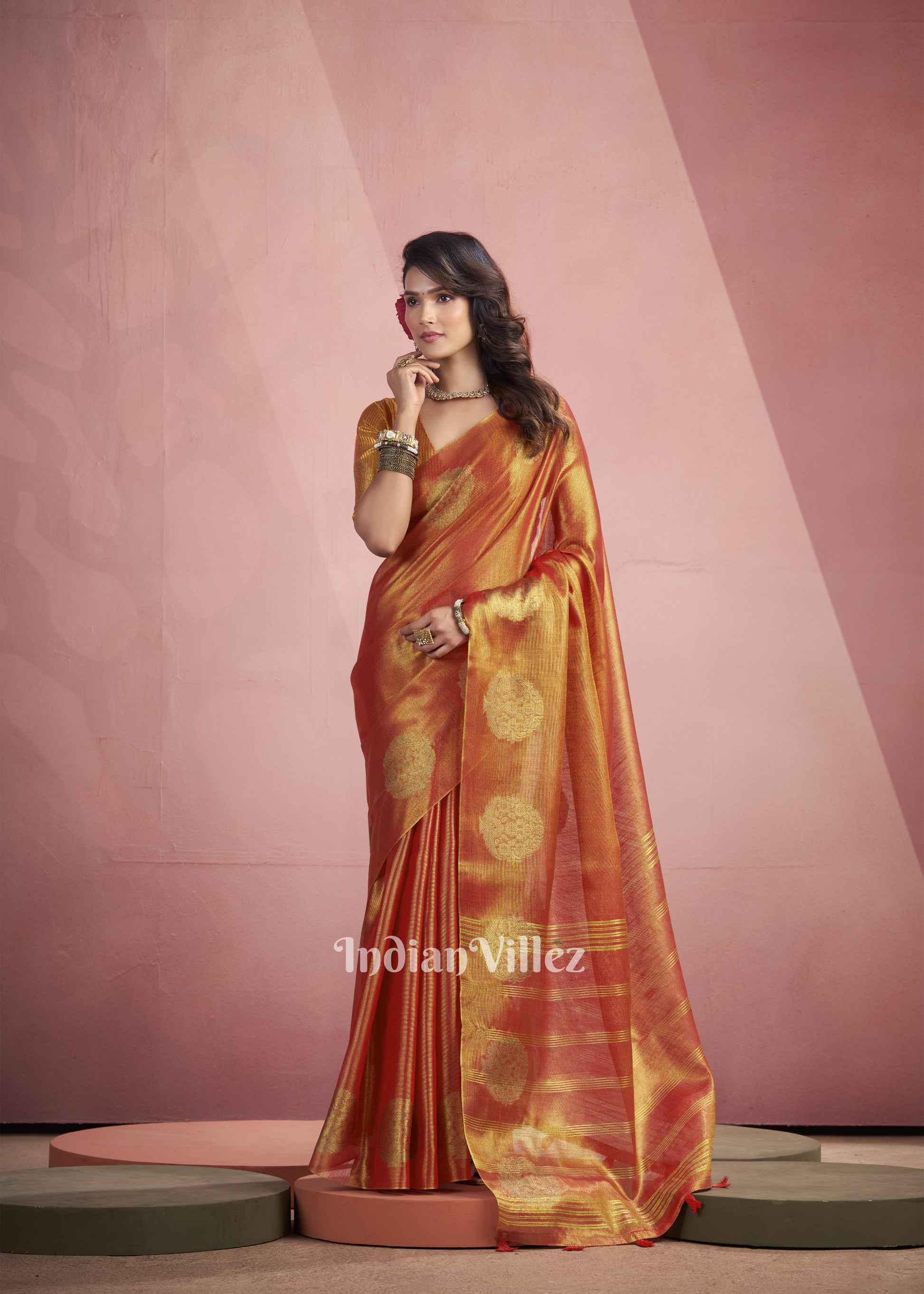 Golden Orange Tissue Silk Zari Woven Saree 