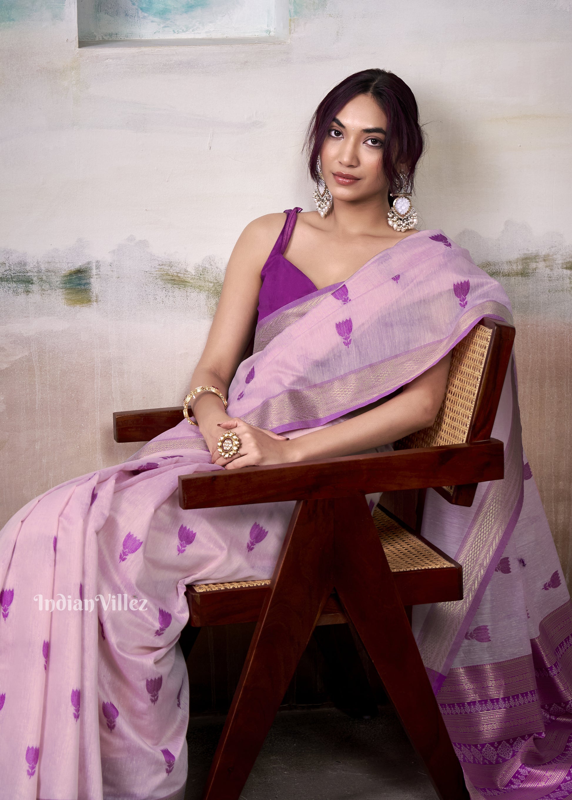 Lilac Purple Floral Cotton Woven Saree 