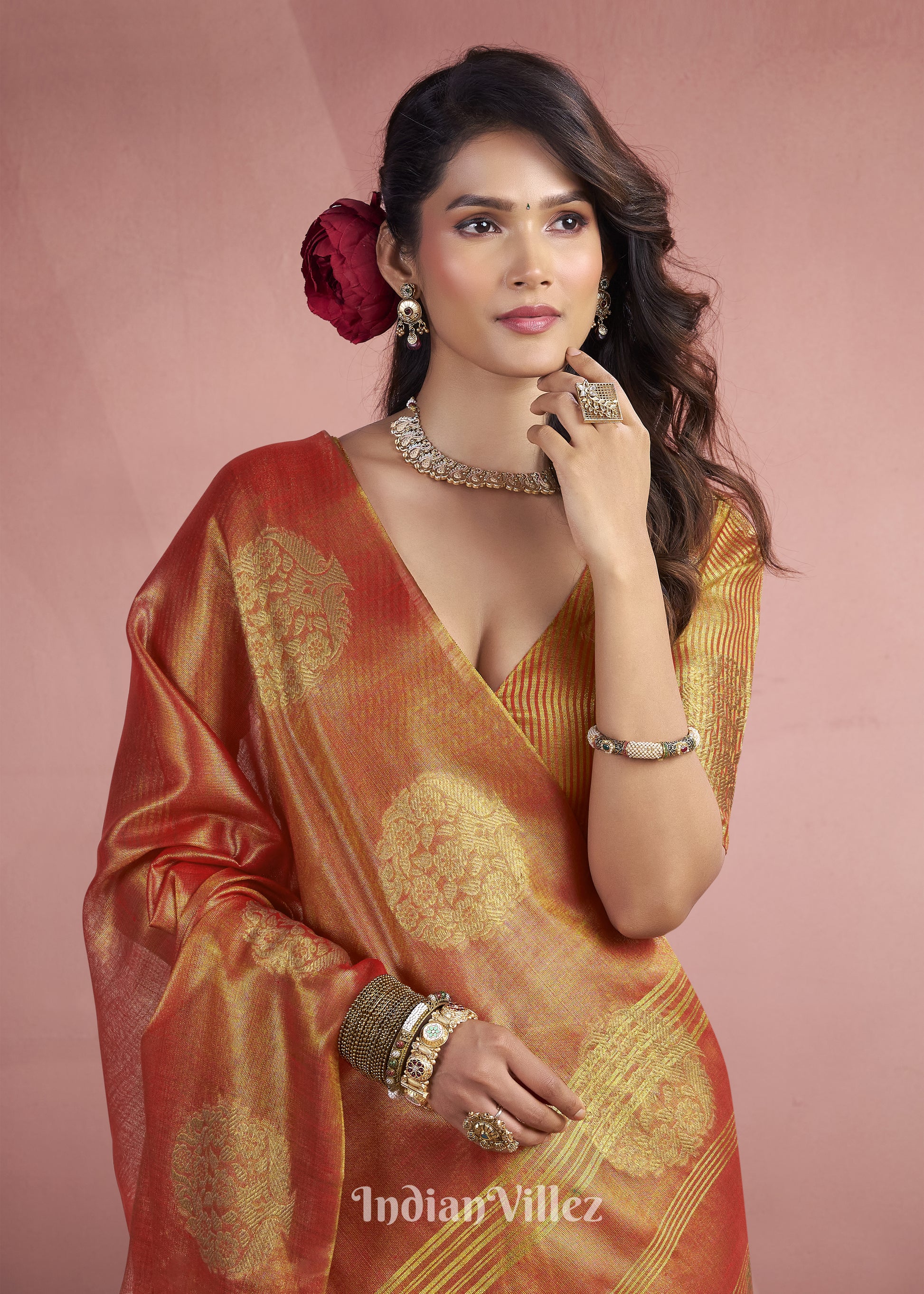 Golden Orange Tissue Silk Zari Woven Saree 