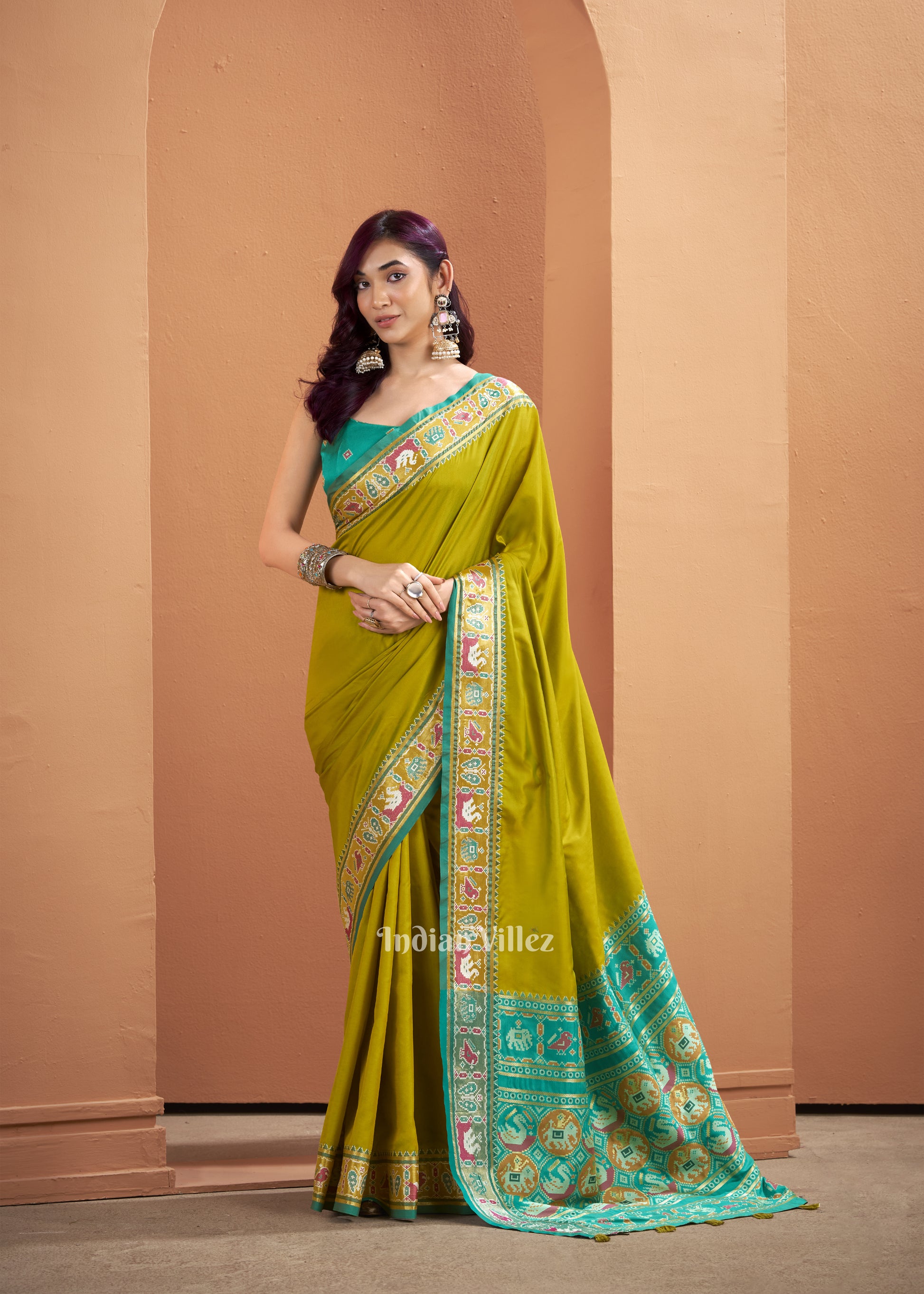 Lime Green Woven Banarasi Patola Silk Saree 