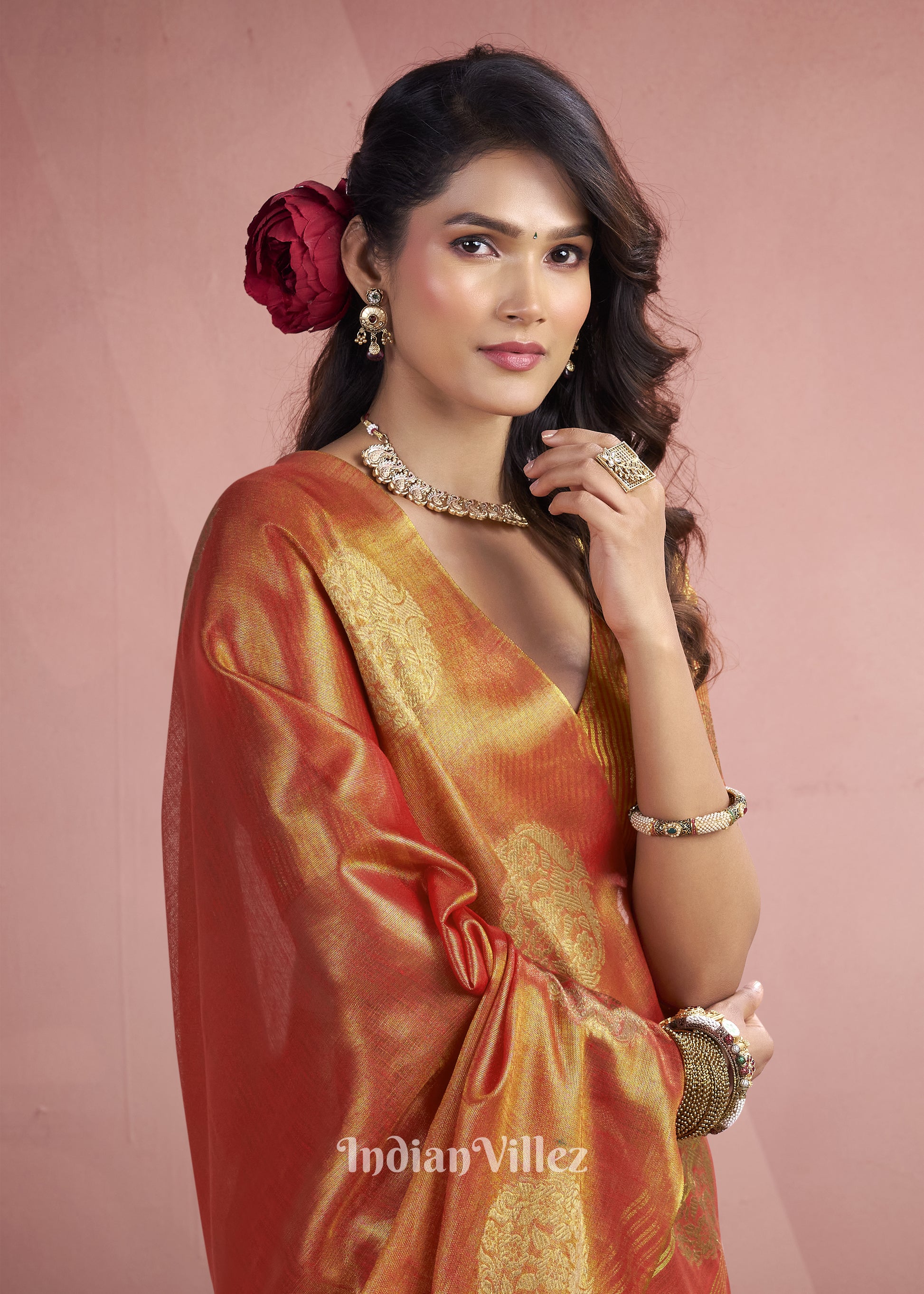 Golden Orange Tissue Silk Zari Woven Saree 