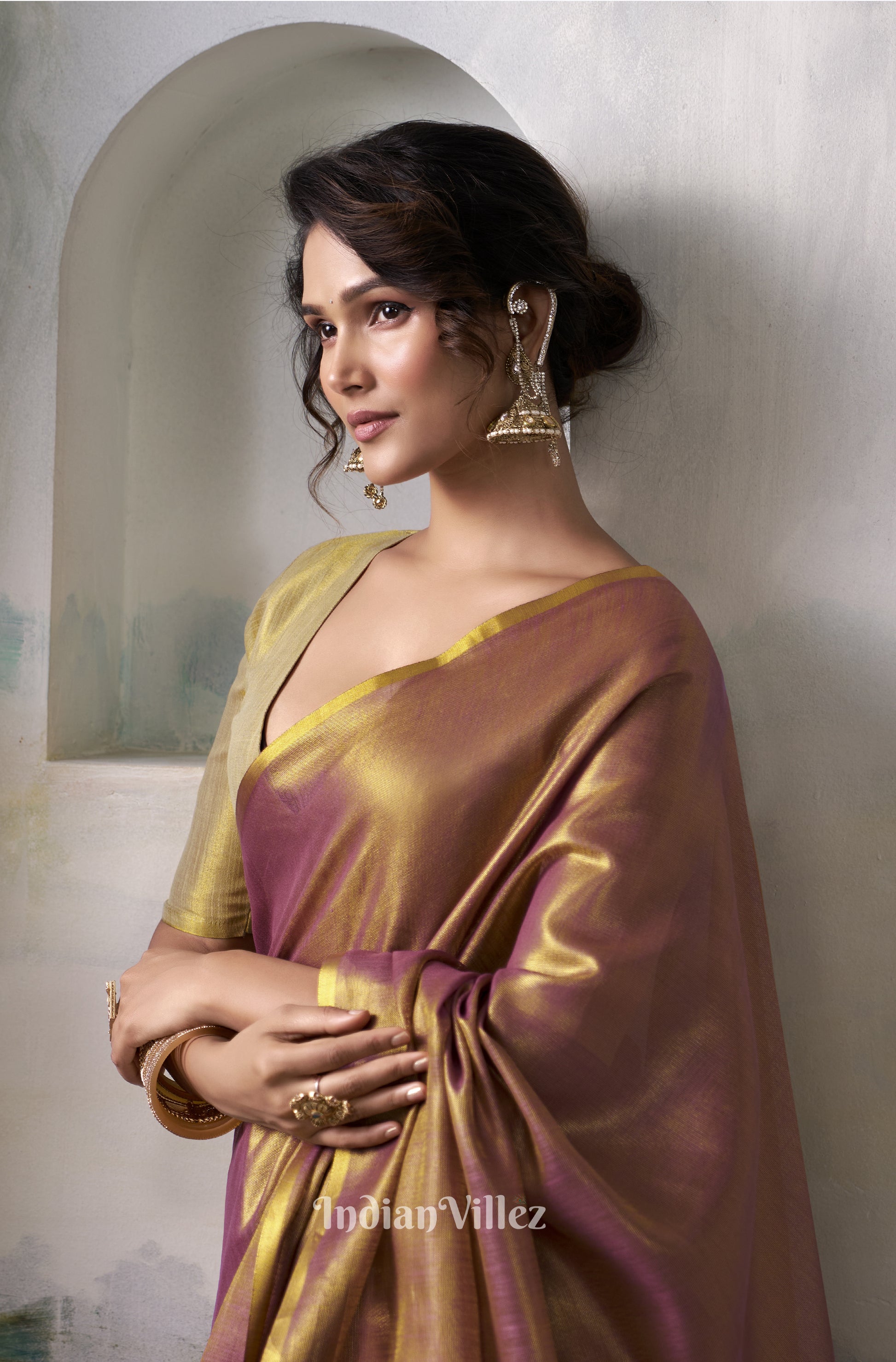 Golden Wine Silk Woven Plain Saree 