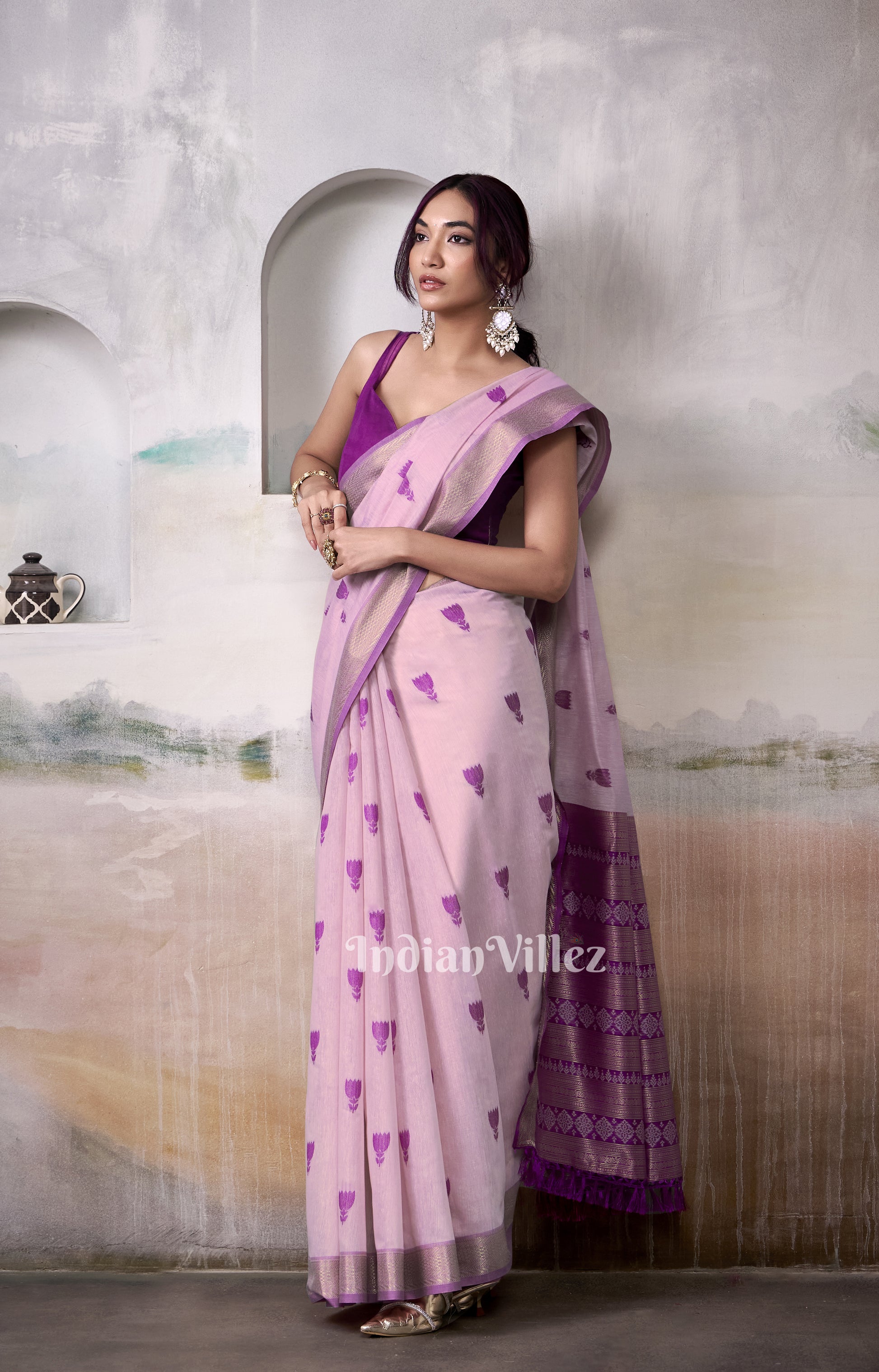 Lilac Purple Floral Cotton Woven Saree 