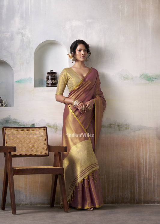 Golden Wine Silk Woven Plain Saree 
