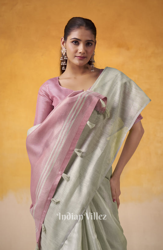 Beige Pink Banarasi Tissue Silk Saree