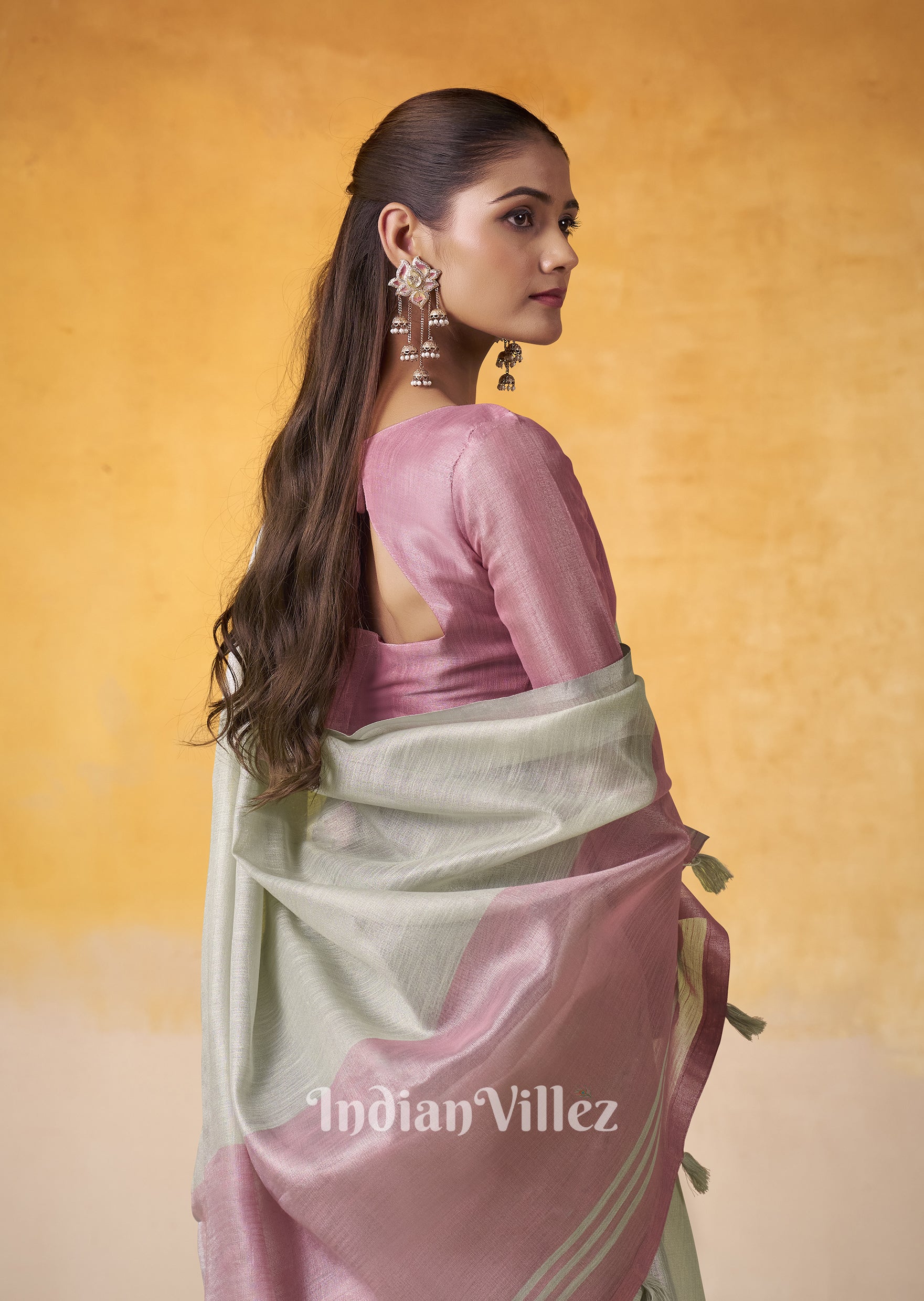 Beige Pink Banarasi Tissue Silk Saree